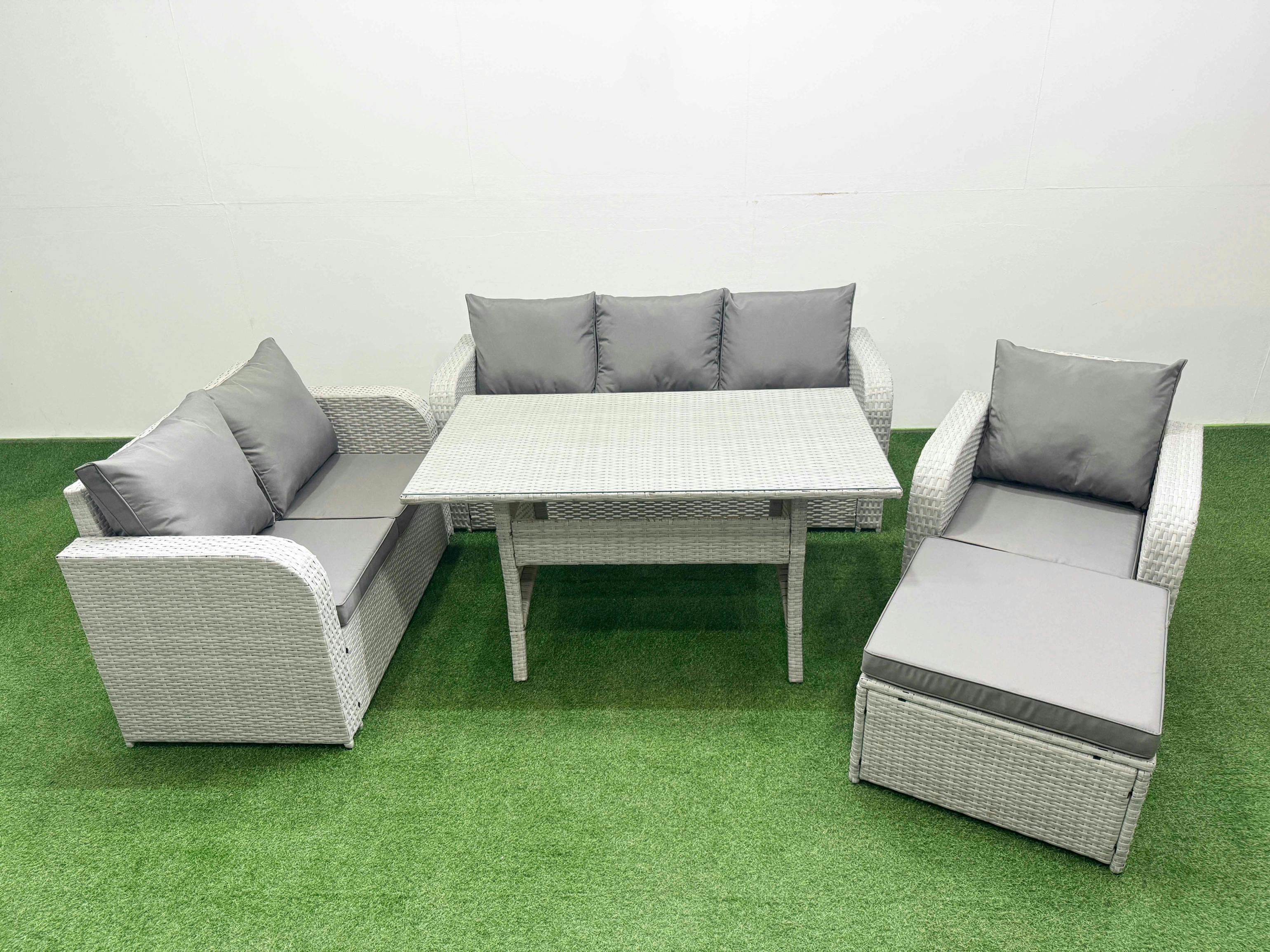 Fimous Light/Grey 7 Seater Pe Wicker Rattan Garden Furniture Patio Set, Dining Table, Reclining Chair, Loveseat, 3 Seater Sofa, Big Footstool,