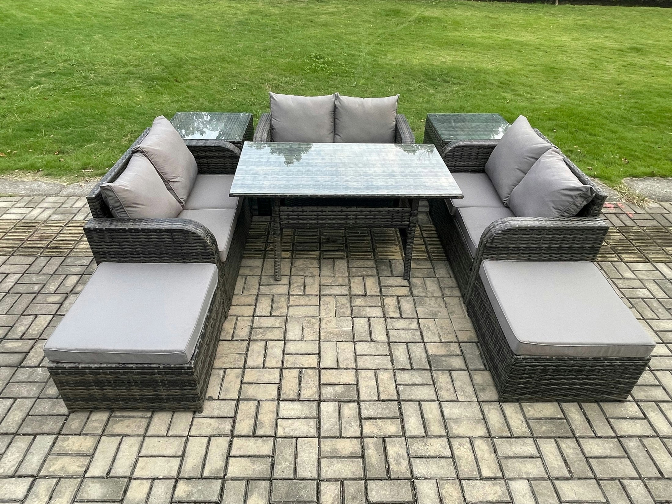 Fimous Dark/Grey Outdoor Rattan Garden Furniture Lounge Sofa Set With Oblong Rectangular Dining Table 2 Big Footstool 2 Side Tables