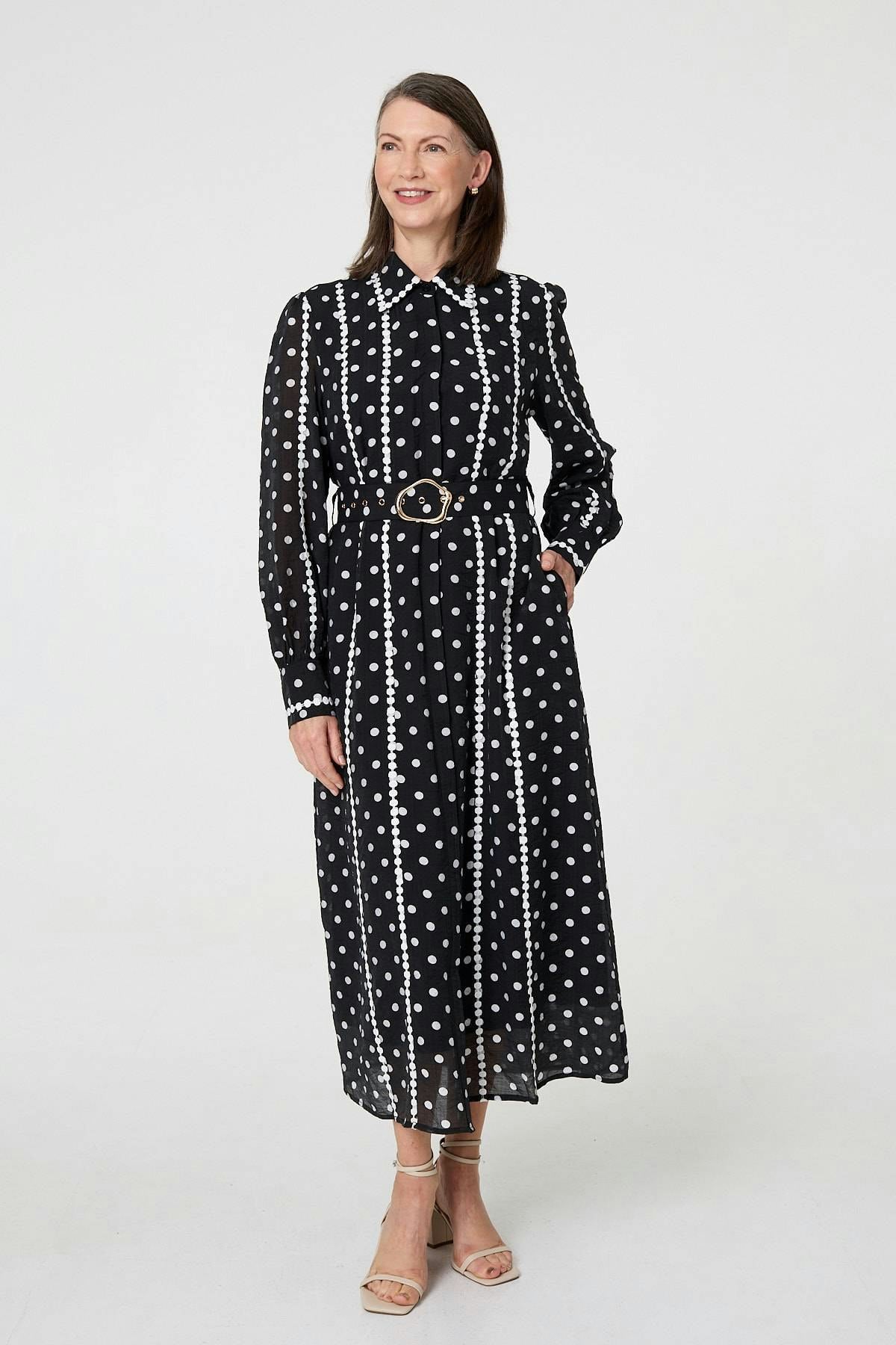 Izabel London Black Polka Dot Belted Maxi Shirt Dress - 10
