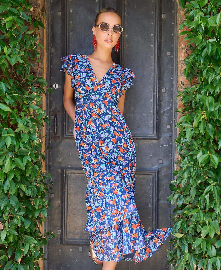 Needs No Label Blue Floral Ruffle Midi Dress - 8