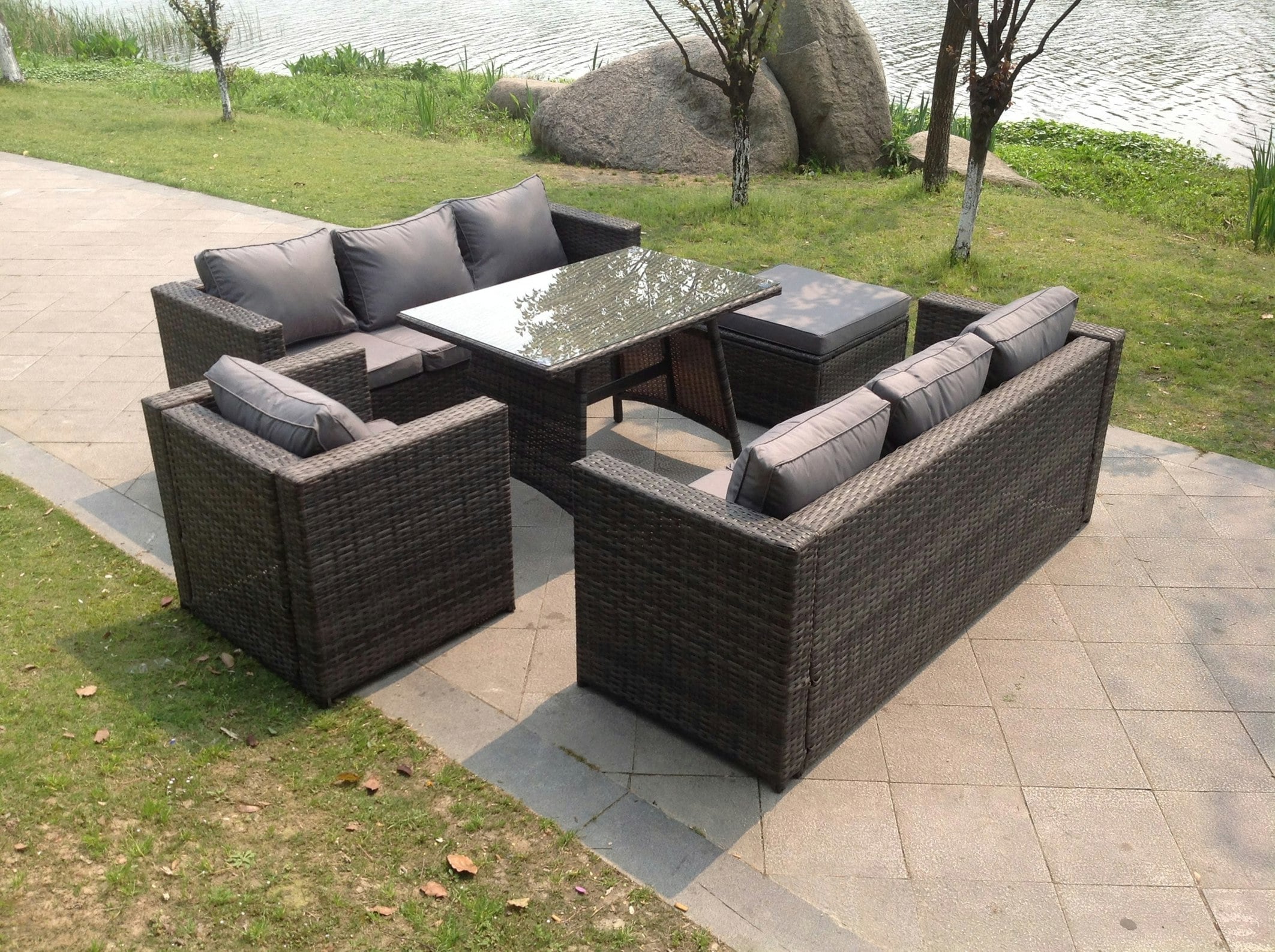 Rackhams Dark/Grey 8 Seater Lounge Rattan Sofa Dining Set Table Chair Garden Furniture Outdoor