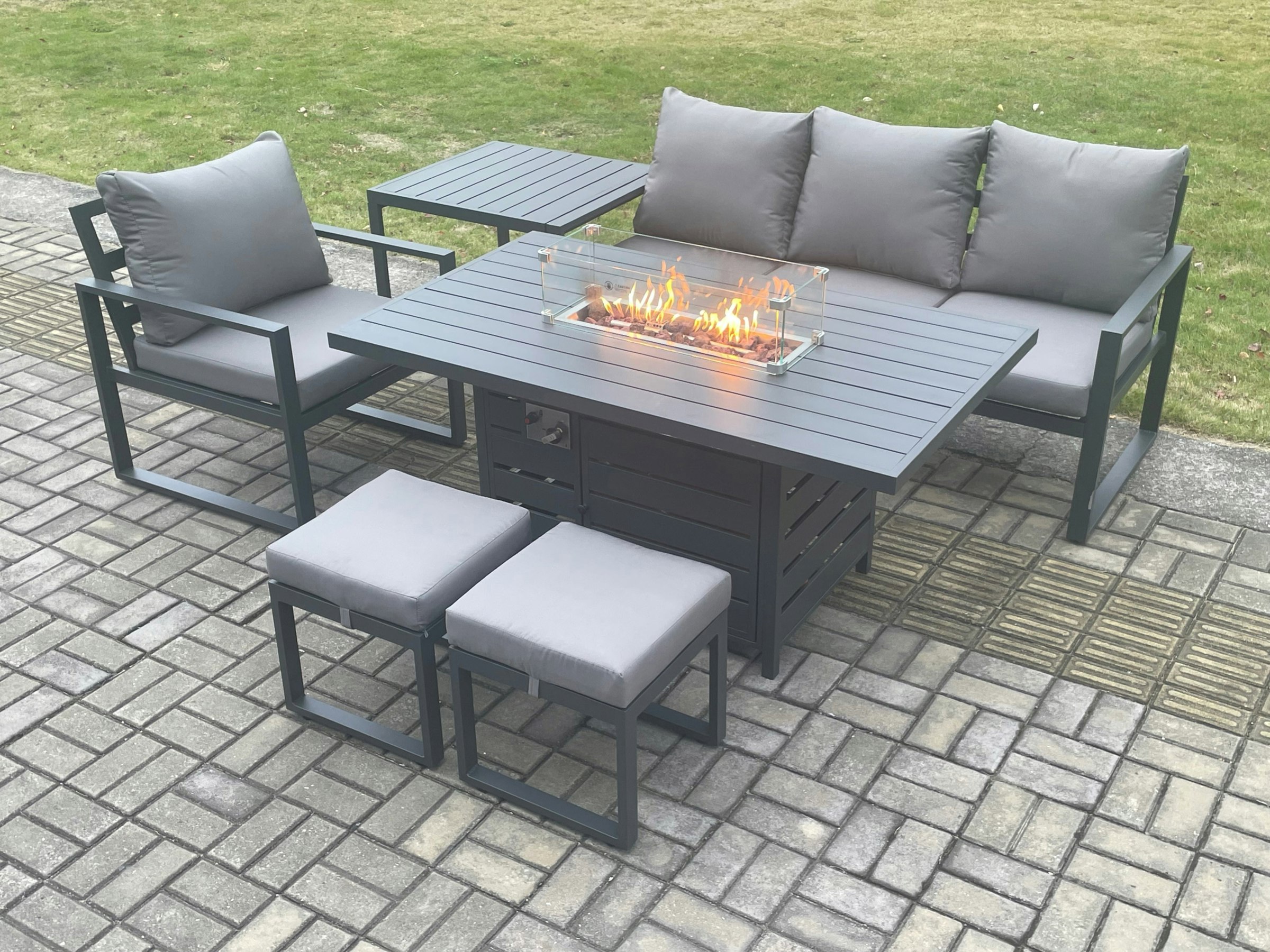 Fimous Dark/Grey Aluminium 6 Pieces Garden Furniture Sofa Set With Cushions Gas Fire Pit Dining Table Set With 2 Small Footstools Side Table