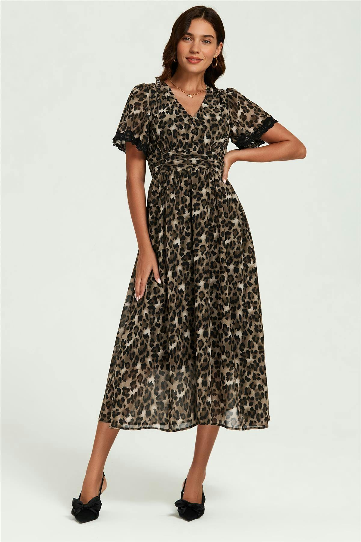 Fs Collection Brown Leopard Print Lace Trim On Sleeve Midi Dress In - Xs