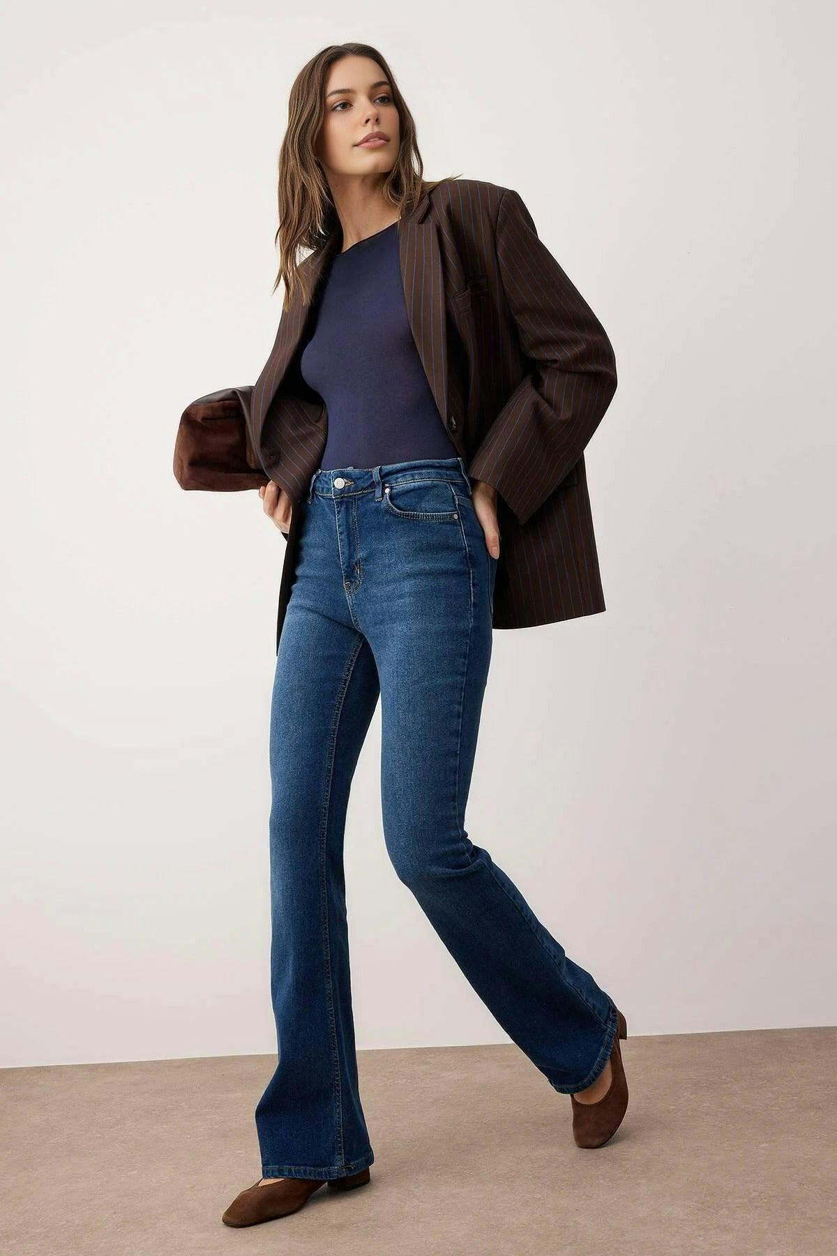 Wovcor Dark/Blue High Waist Comfort Flare Jeans - 10