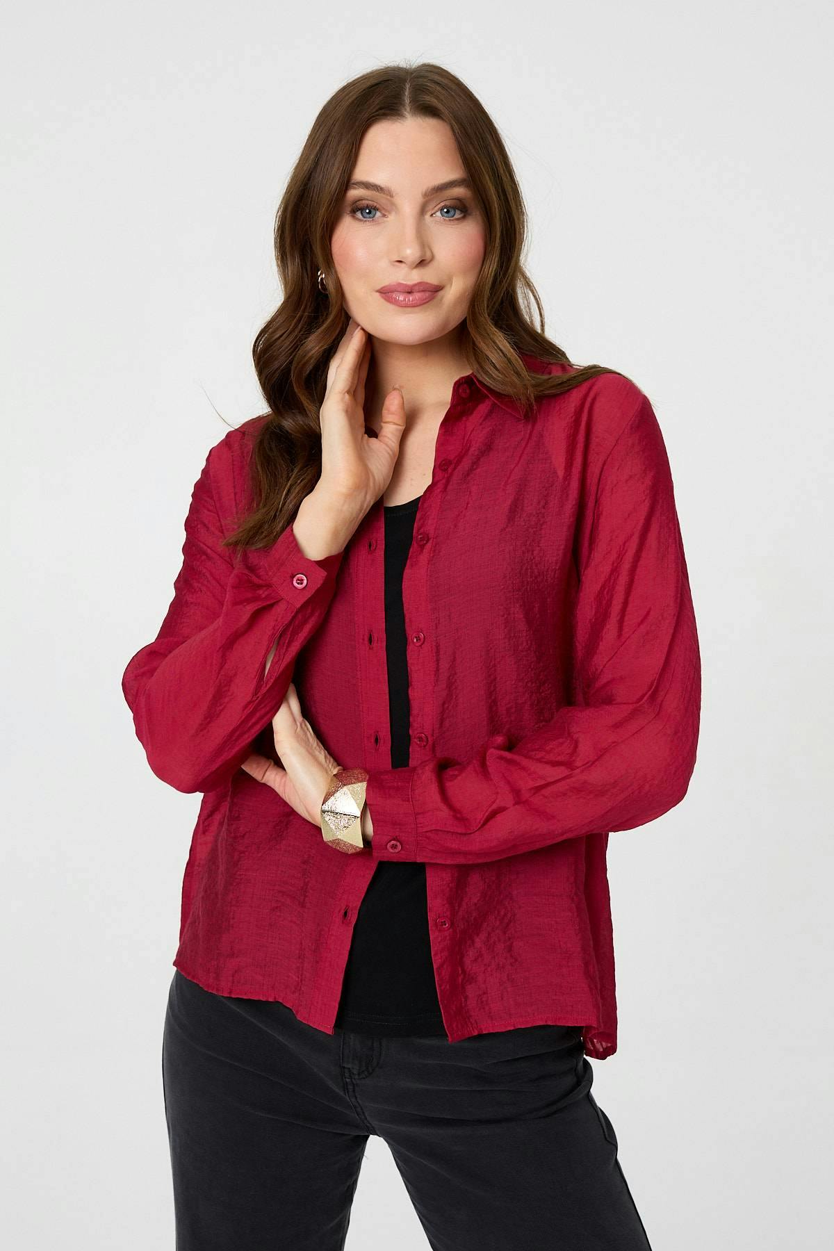 Izabel London Burgundy Long Sleeve Button Front Shirt - 10
