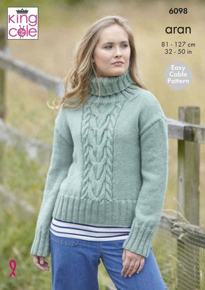 King Cole Women's Fashion Aran Knitting Pattern 6098, Sweaters For 32 - 50 Inches - Easy