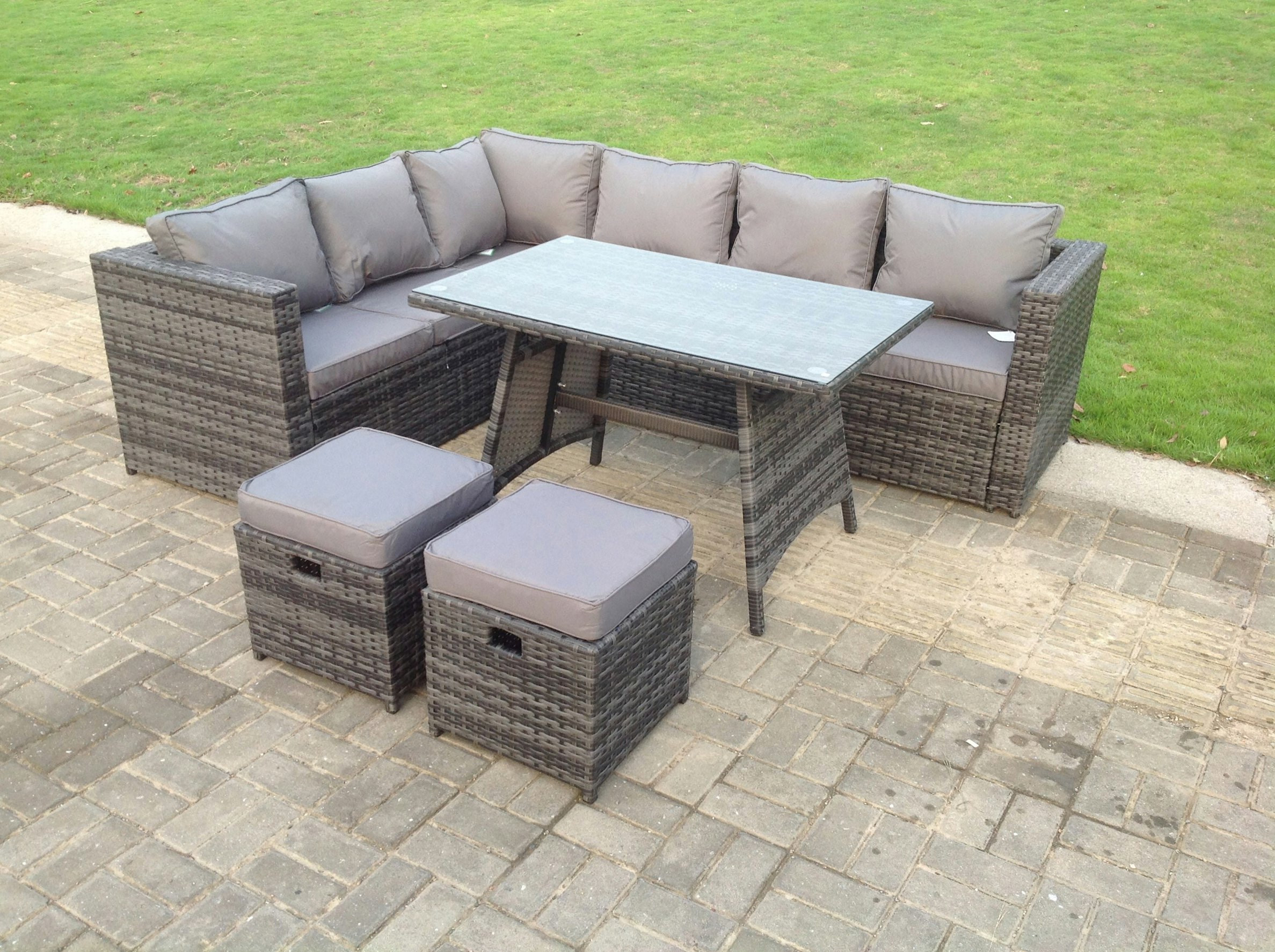 Fimous Dark/Grey Mixed Rattan Garden Outdoor Corner Sofa Set 8 Seater Rectangular Dining Table Small Footstools