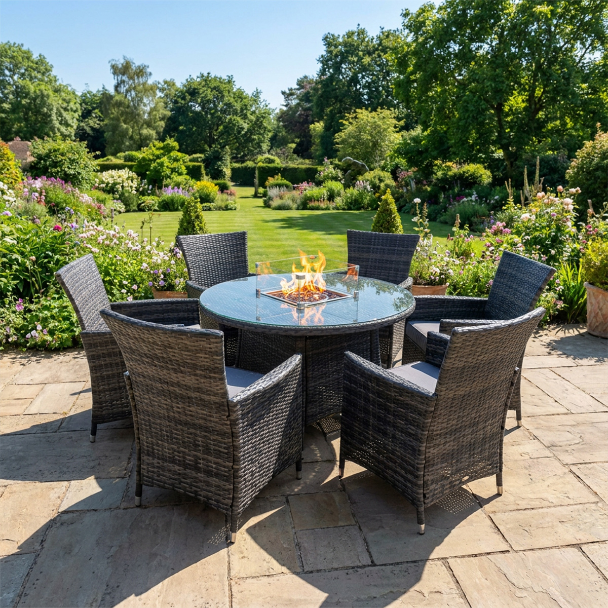 Rackhams Dark/Grey 6 Seater Rattan Garden Furniture Set With Round Gas Fire Pit Table And 6 Chairs - Mixed