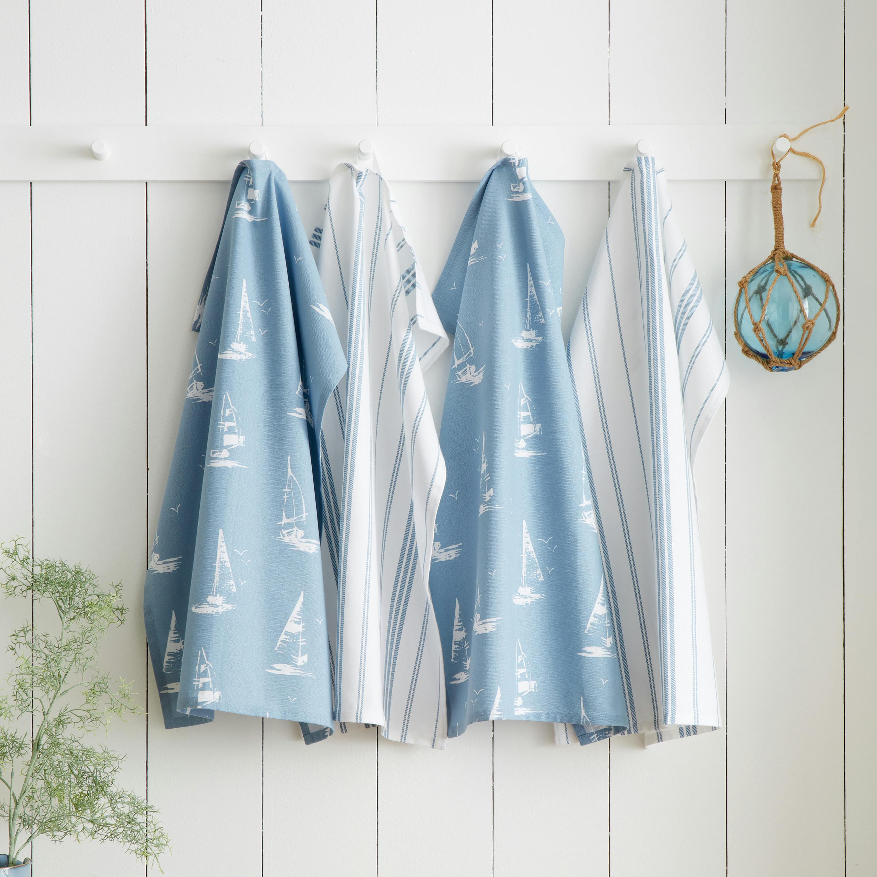 Rackhams Blue Salcombe Boats Cotton Kitchen Tea Towel Pack Of 4