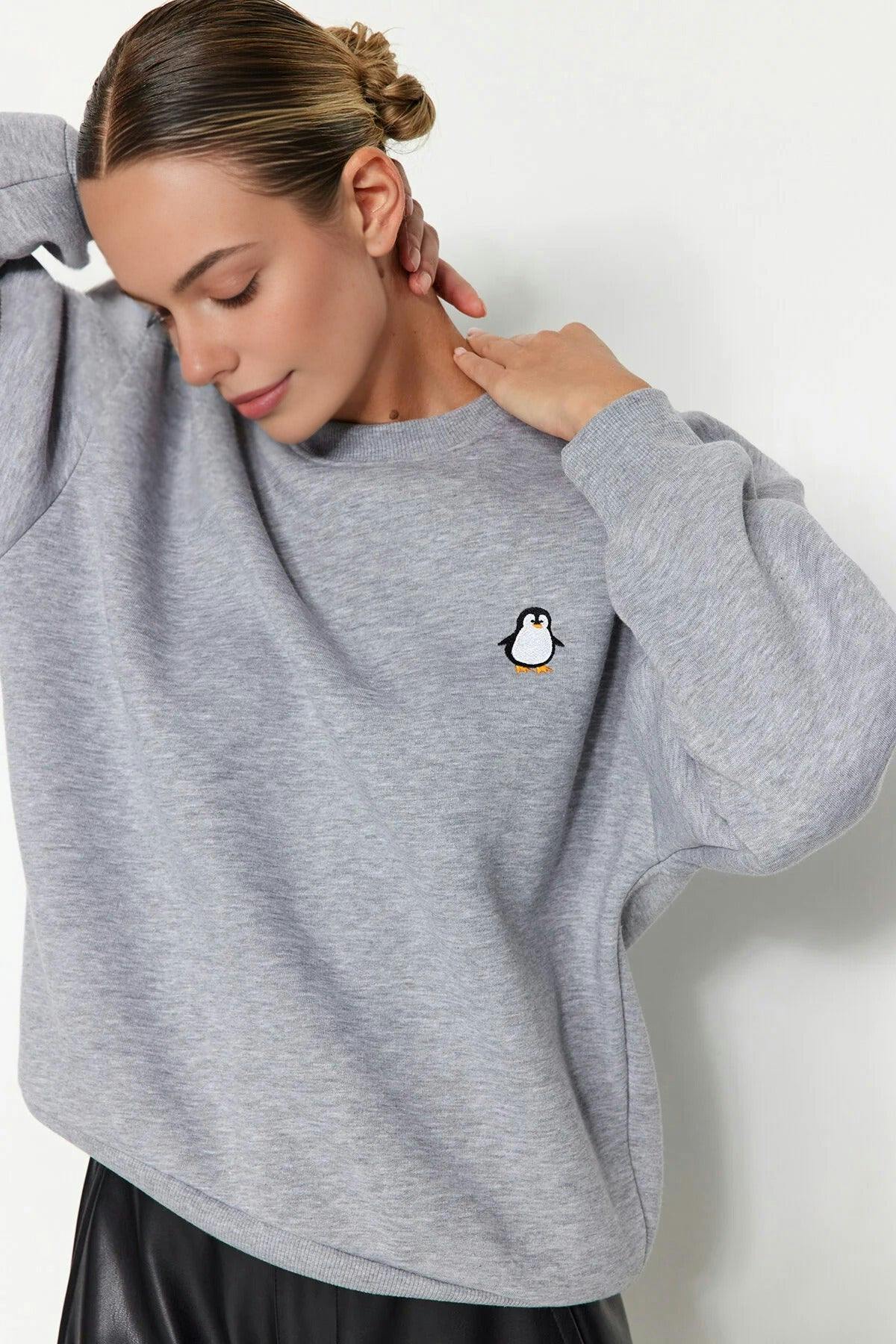 Wovcor Grey Animal Embroidered Thick Fleece Knit Sweatshirt - Xs