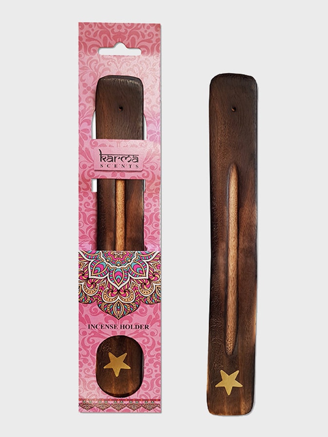 Rackhams Karma Scents Brass Inlay Mango Wood Incense Ash Catcher Holder - Star