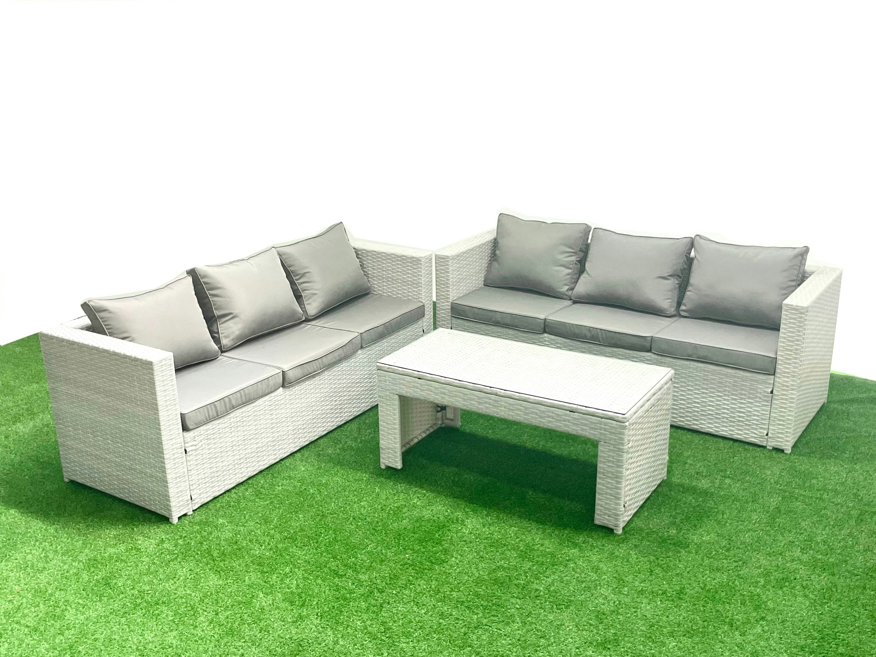Rackhams Light/Grey 6 Seater Garden Outdoor Rattan Furniture Set Rattan Garden Sofa Oblong Coffee Table Mixed