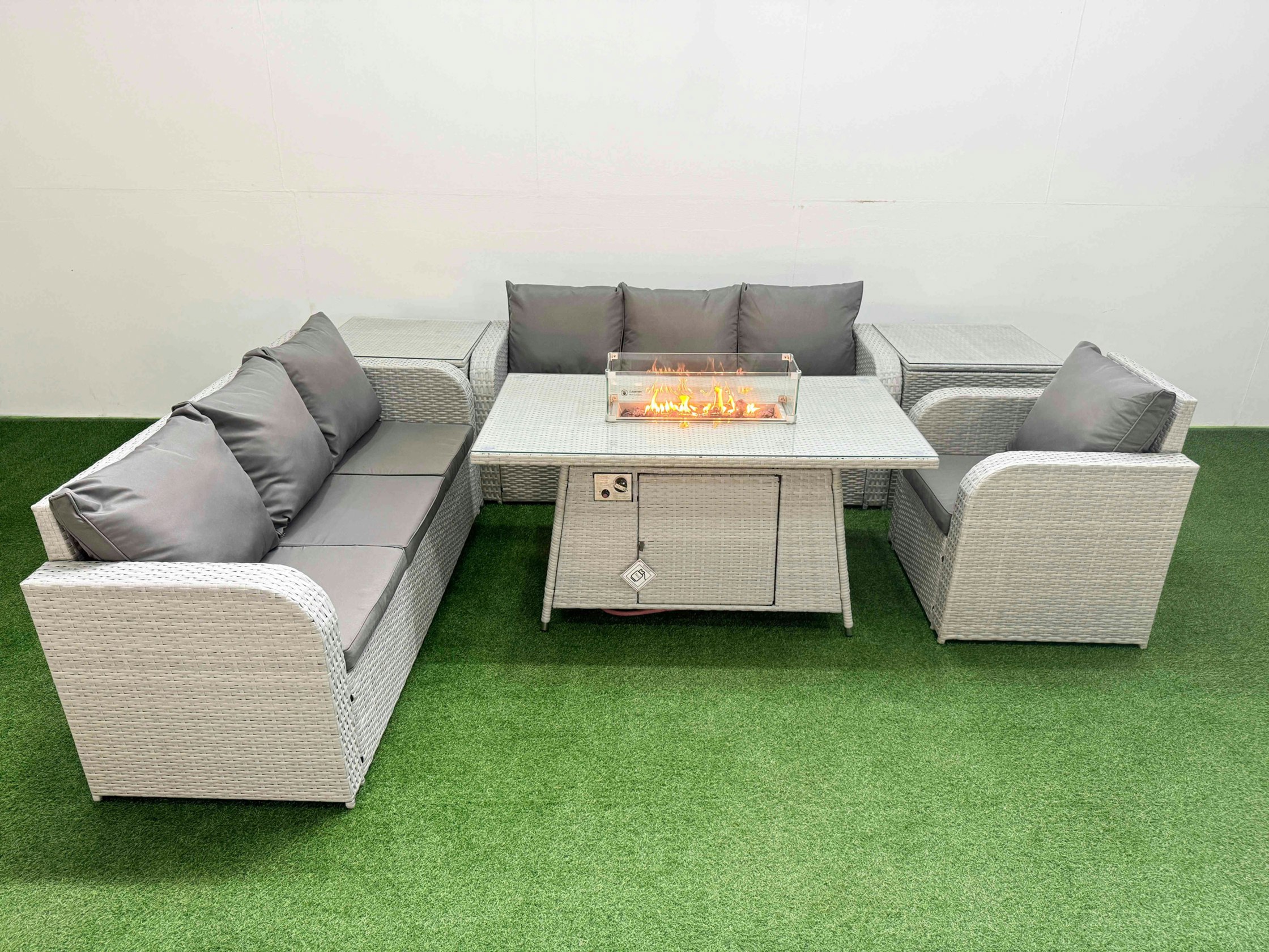 Fimous Light/Grey 7 Seater Rattan Outdoor Garden Furniture Fire Pit Dining Table Sofa Set 3 Seater Sofa Reclining Chair 3 Seater Sofa 2 Side Table