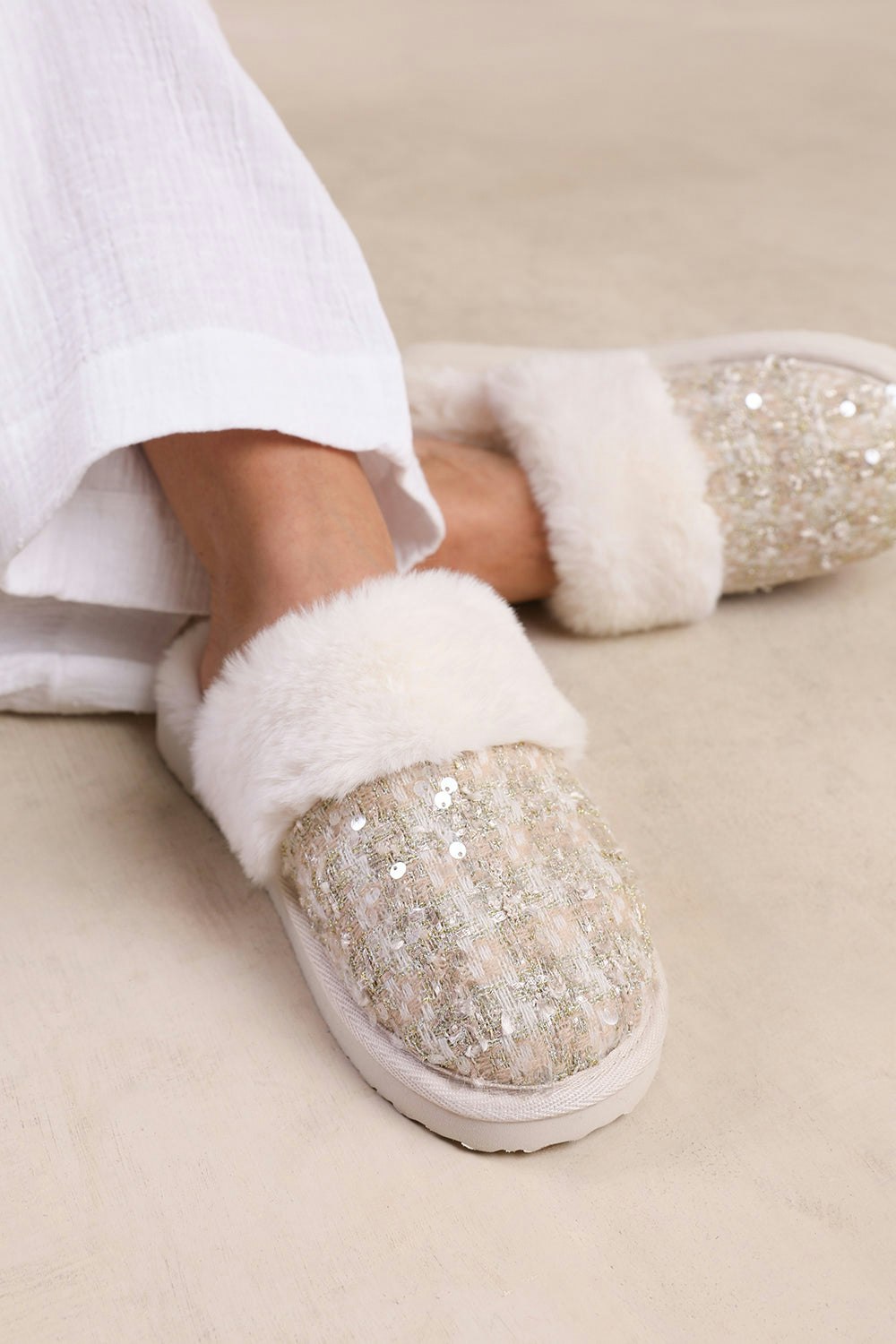 Where's That From Beige/Gold Cozy Slip On Sequin Slippers With Fur Trim In - Size 3