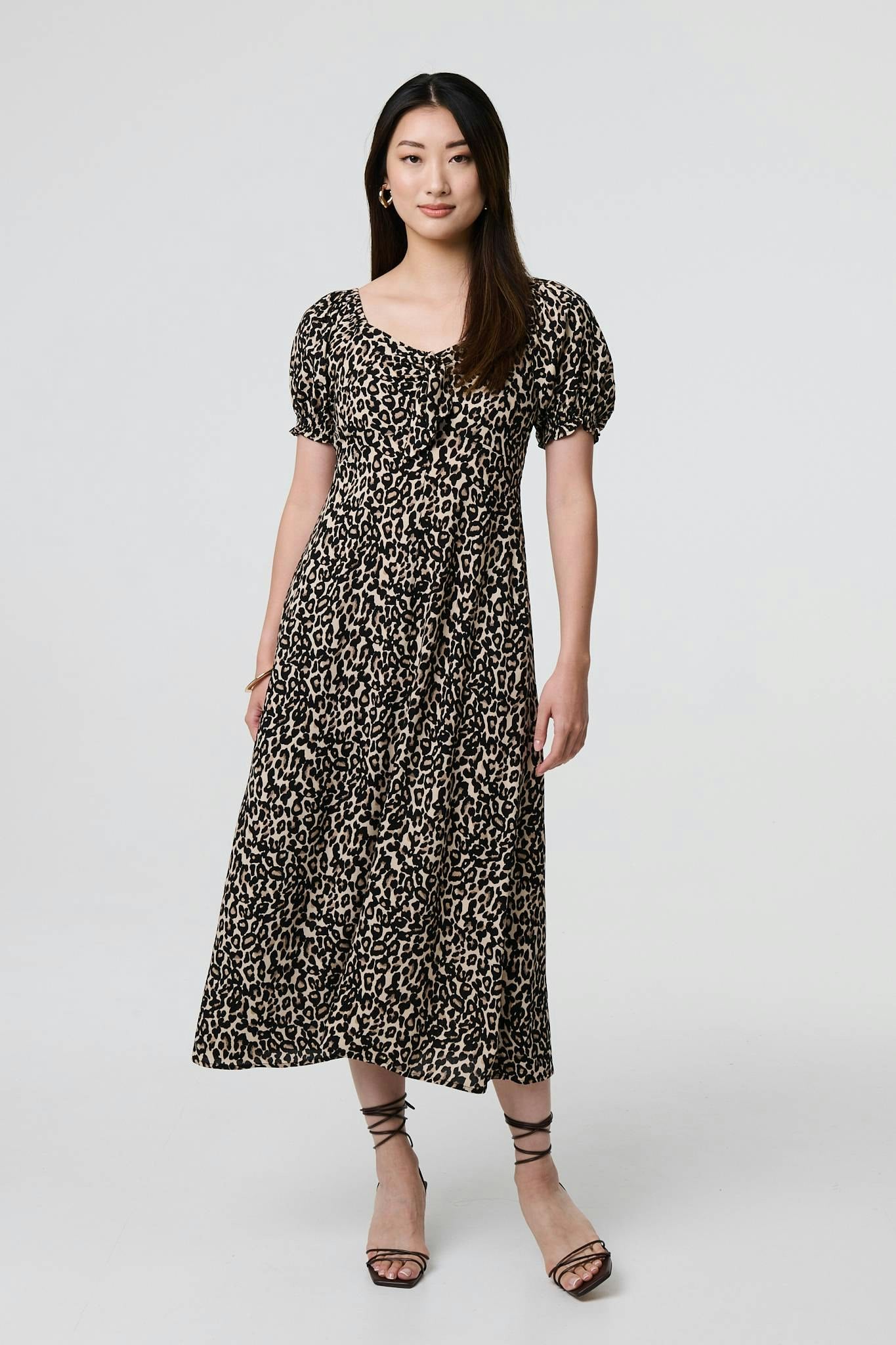 Izabel London Beige Animal Print Short Puff Sleeve Maxi Dress - 10