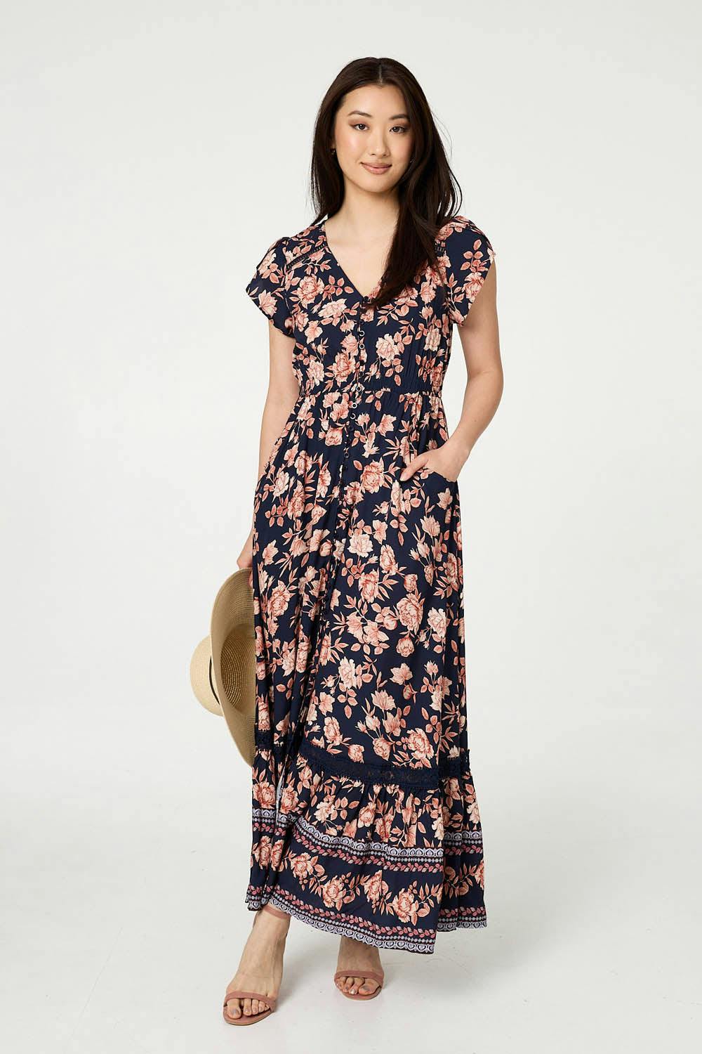 Izabel London Light Lace Trim Tiered Cap Sleeve Maxi Dress - 12 - Navy