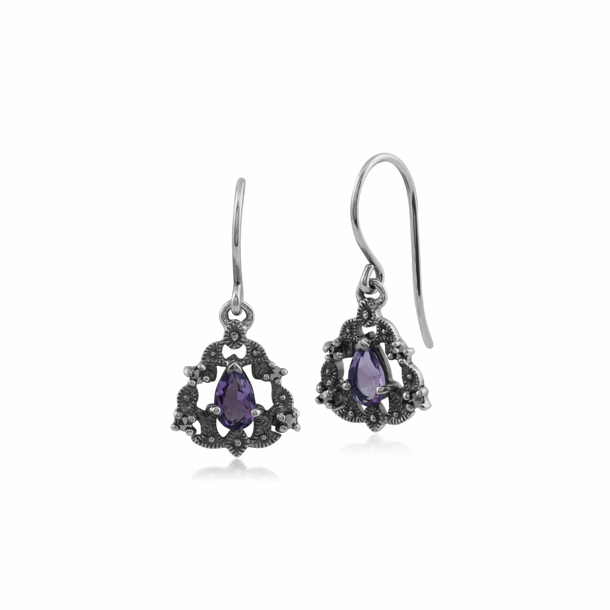 Gemondo Silver Art Nouveau Style Pear Amethyst & Marcasite Garland Drop Earrings In 925 Sterling