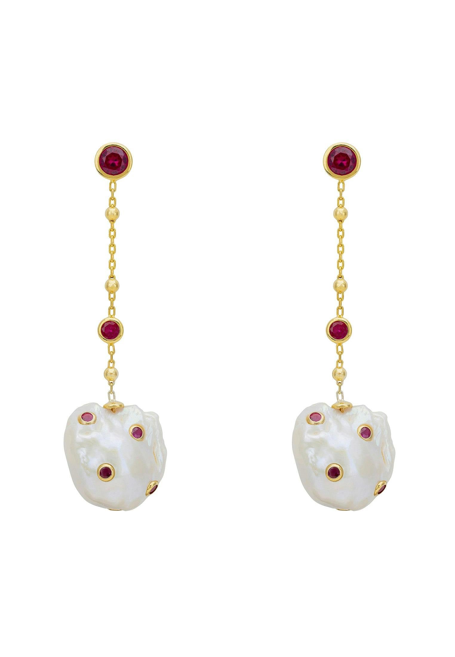 Latelita Gold Polka Dot Baroque Pearl Chain Drop Earrings Ruby