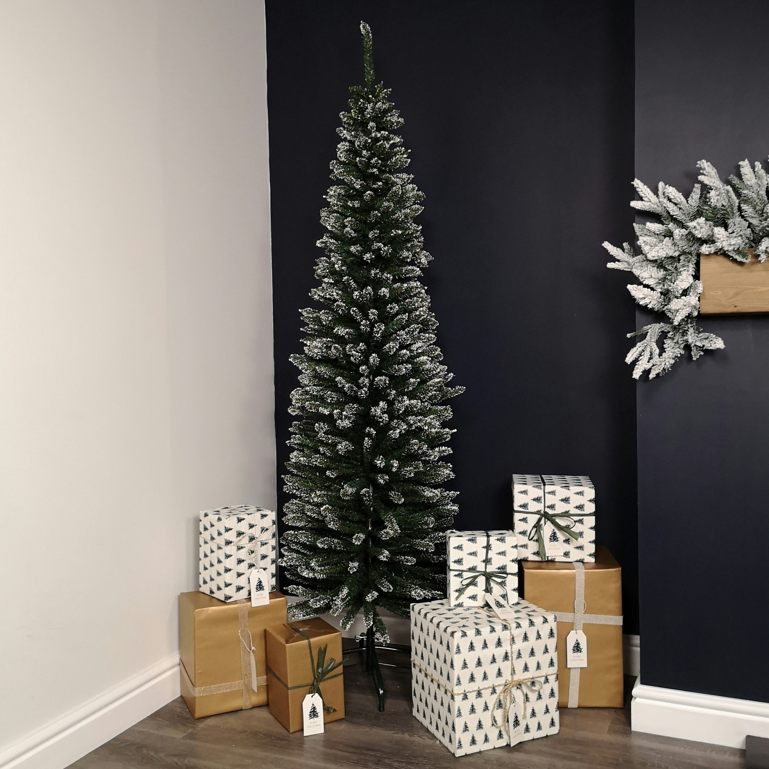 Rackhams Green 6.5Ft (2M) Pencil Style Slim Snow Tipped Artificial Christmas Tree In