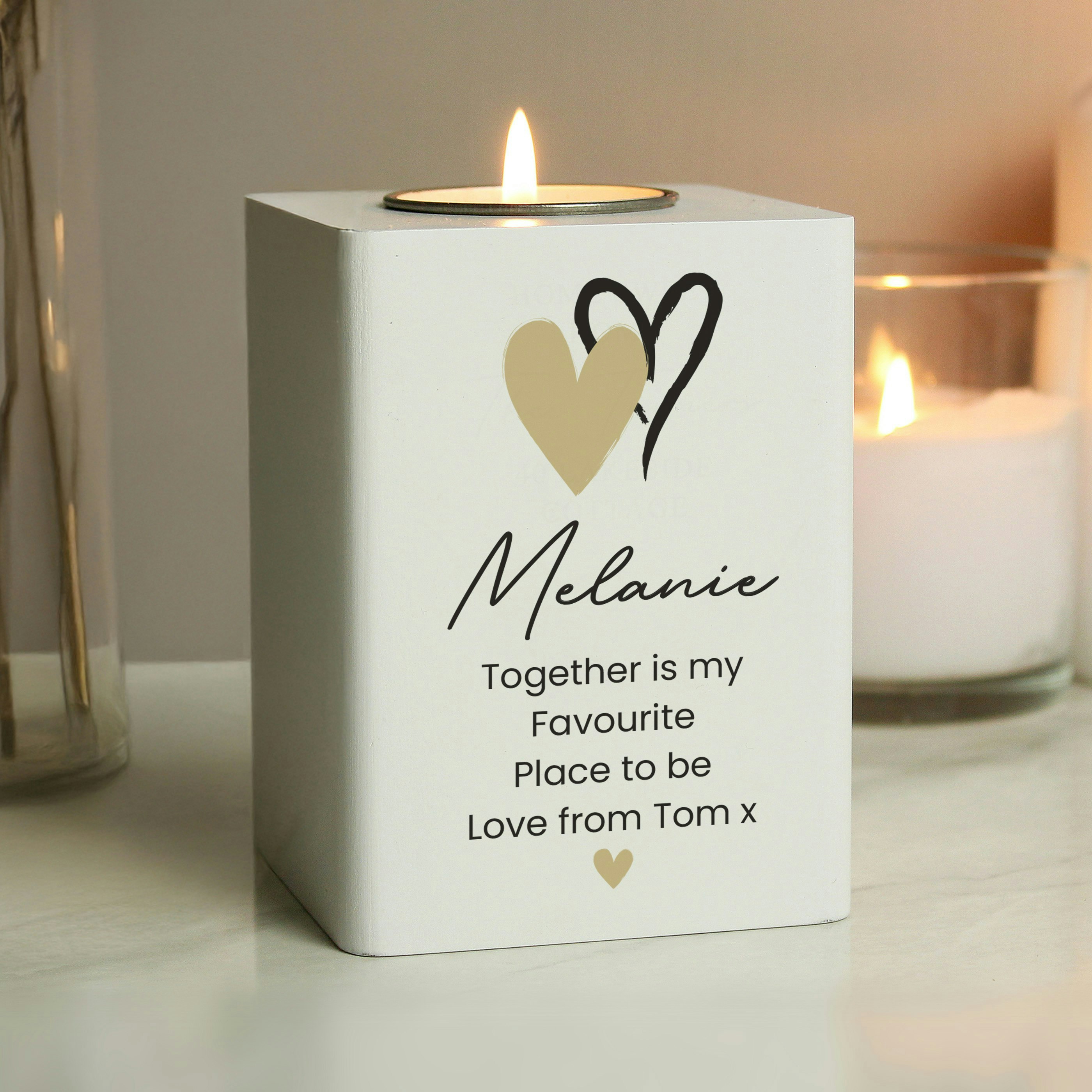 Personalised Memento Company Light Personalised Hearts Wooden Tea Holder