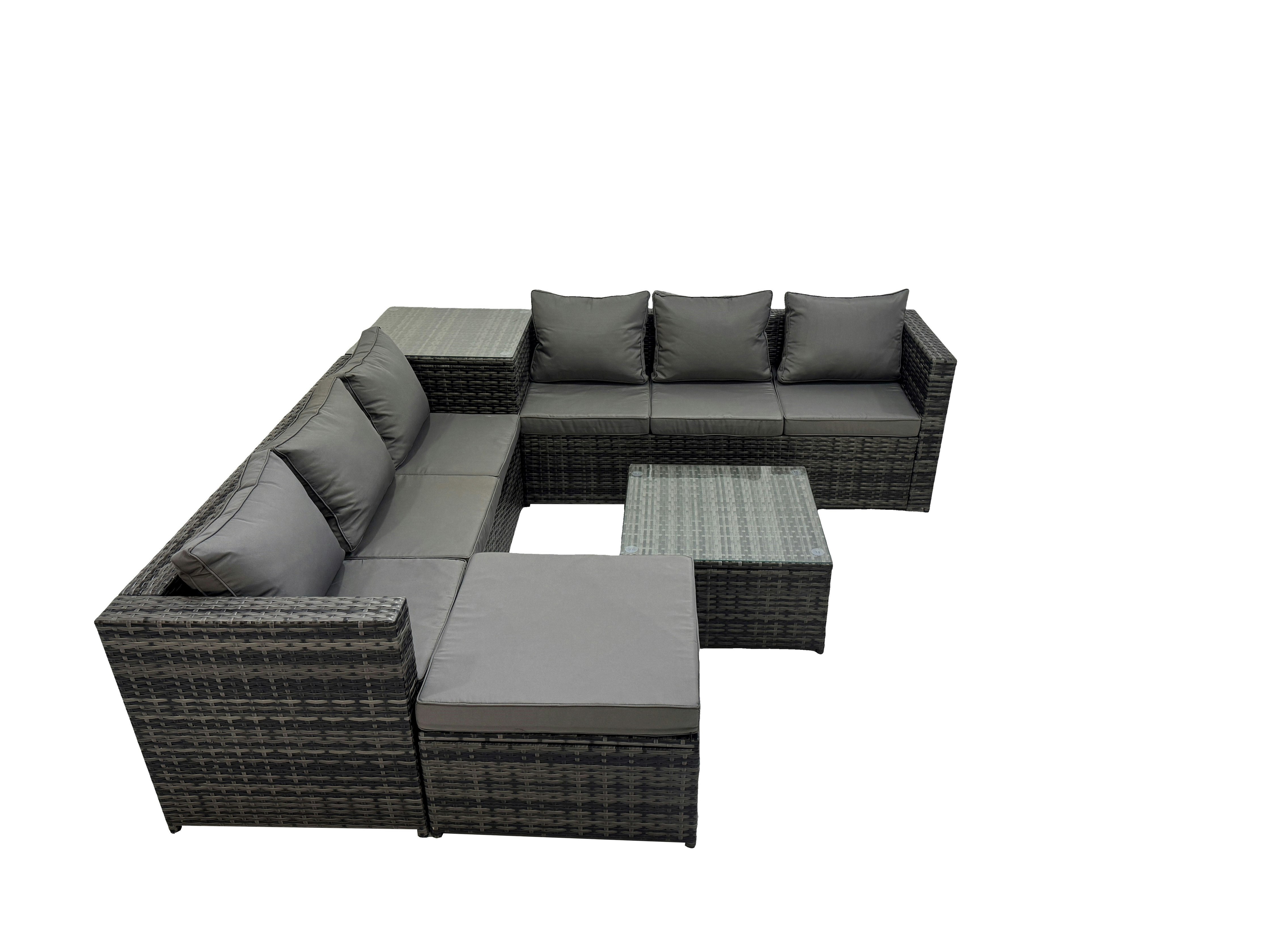 Rackhams Dark/Grey 7 Seater Garden Outdoor Rattan Furniture Set Patio Corner Sofa Coffee Table With Big Stool