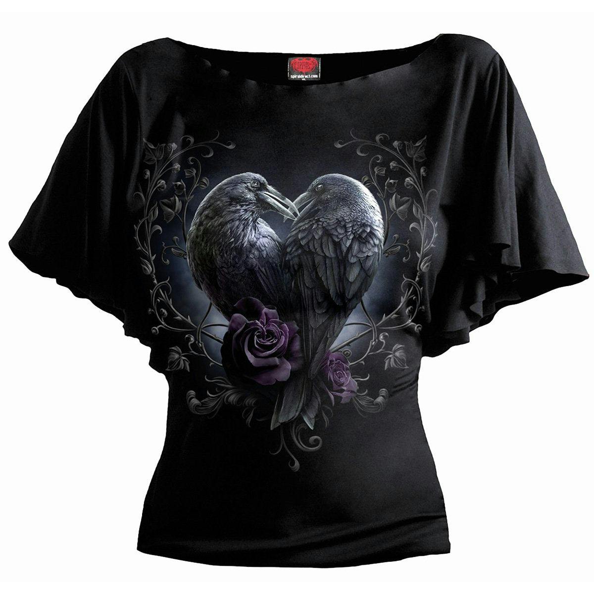 Spiral Direct Black Raven Heart - Boat Neck Bat Sleeve Top - M - Digital - Digital