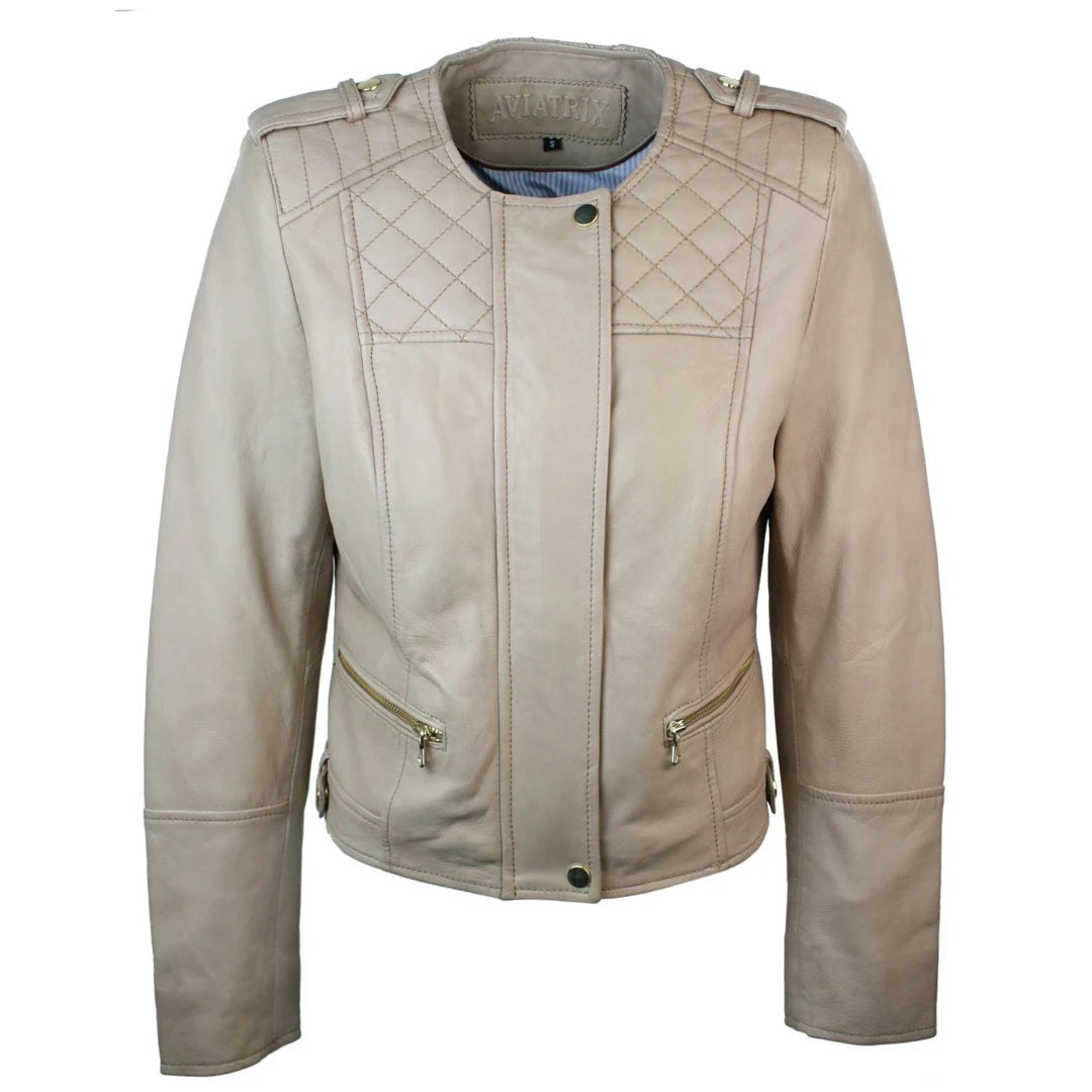 Aviatrix Women's Cream Biker Fitted Lambskin Leather Jacket - Uk 12