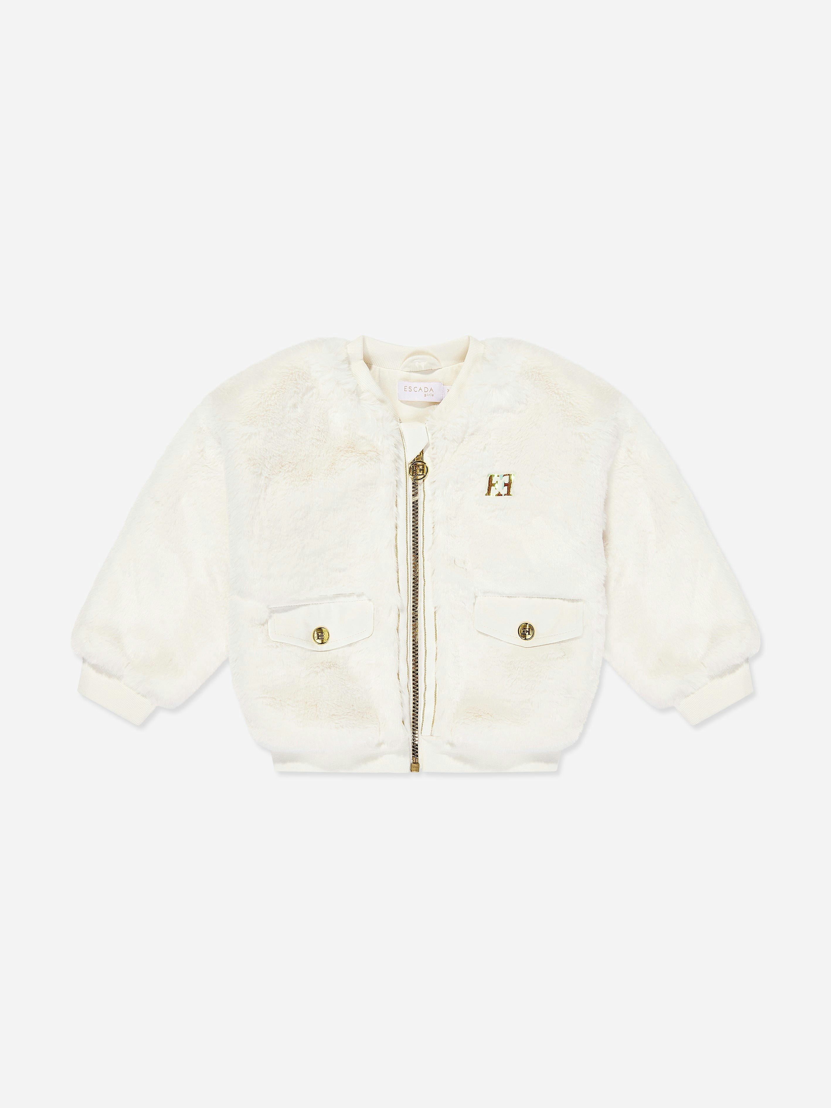 Escada Girls Ivory Embroidered Logo Faux Fur Jacket In - 4 Yrs
