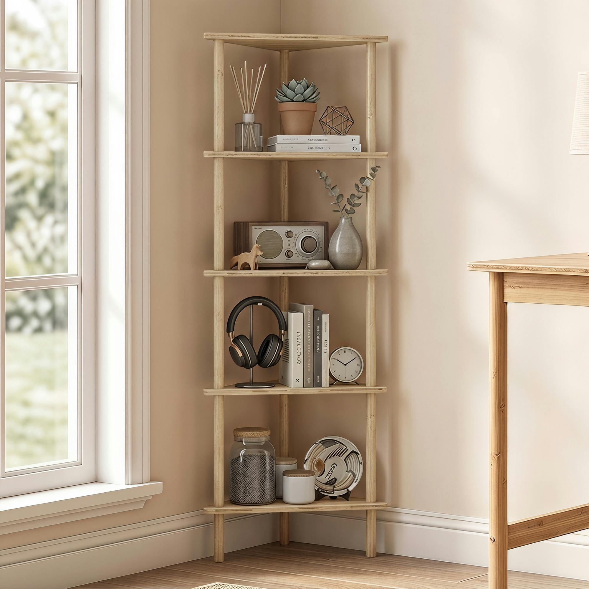 Rackhams 5-Tier Corner Storage Shelf For Living Room, Natural Wood Finish
