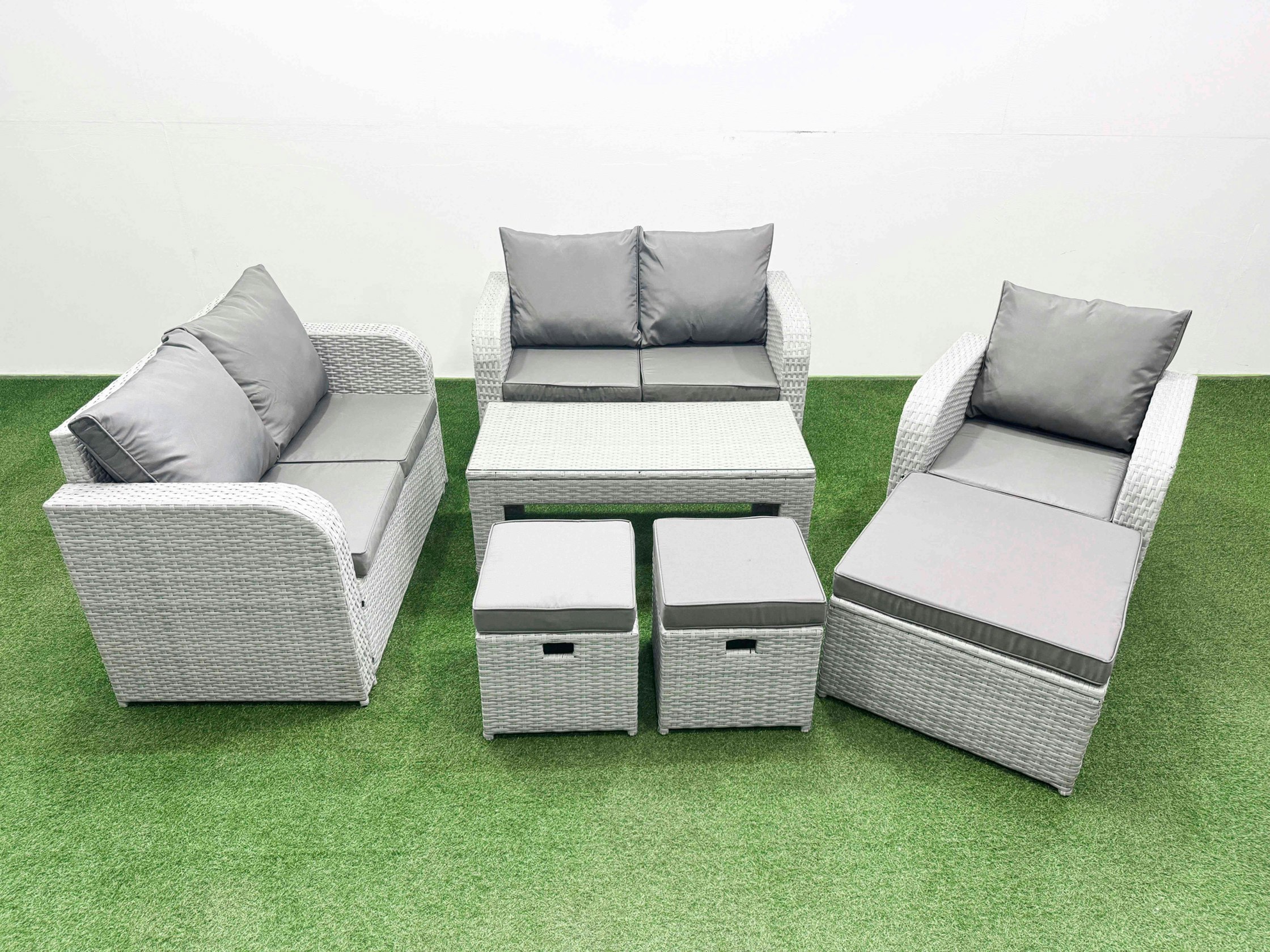 Fimous Light/Grey High Back Poly Rattan Garden Furniture Set With Reclining Chair Loveseat Sofa Oblong Coffee Table Indoor Outdoor Patio Set 3 Stools