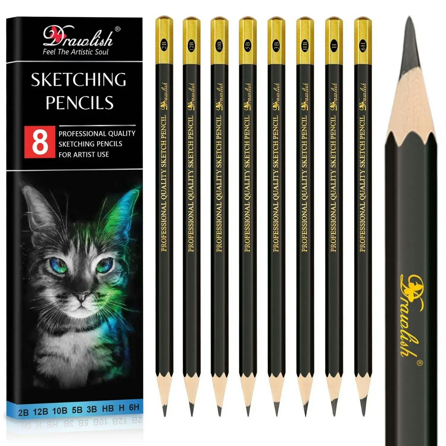 Drawlish Light Sketch Pencils For Drawing Set Of 8 - 2B 12B 10B 5B 3B Hb H 6H Arts Pencils