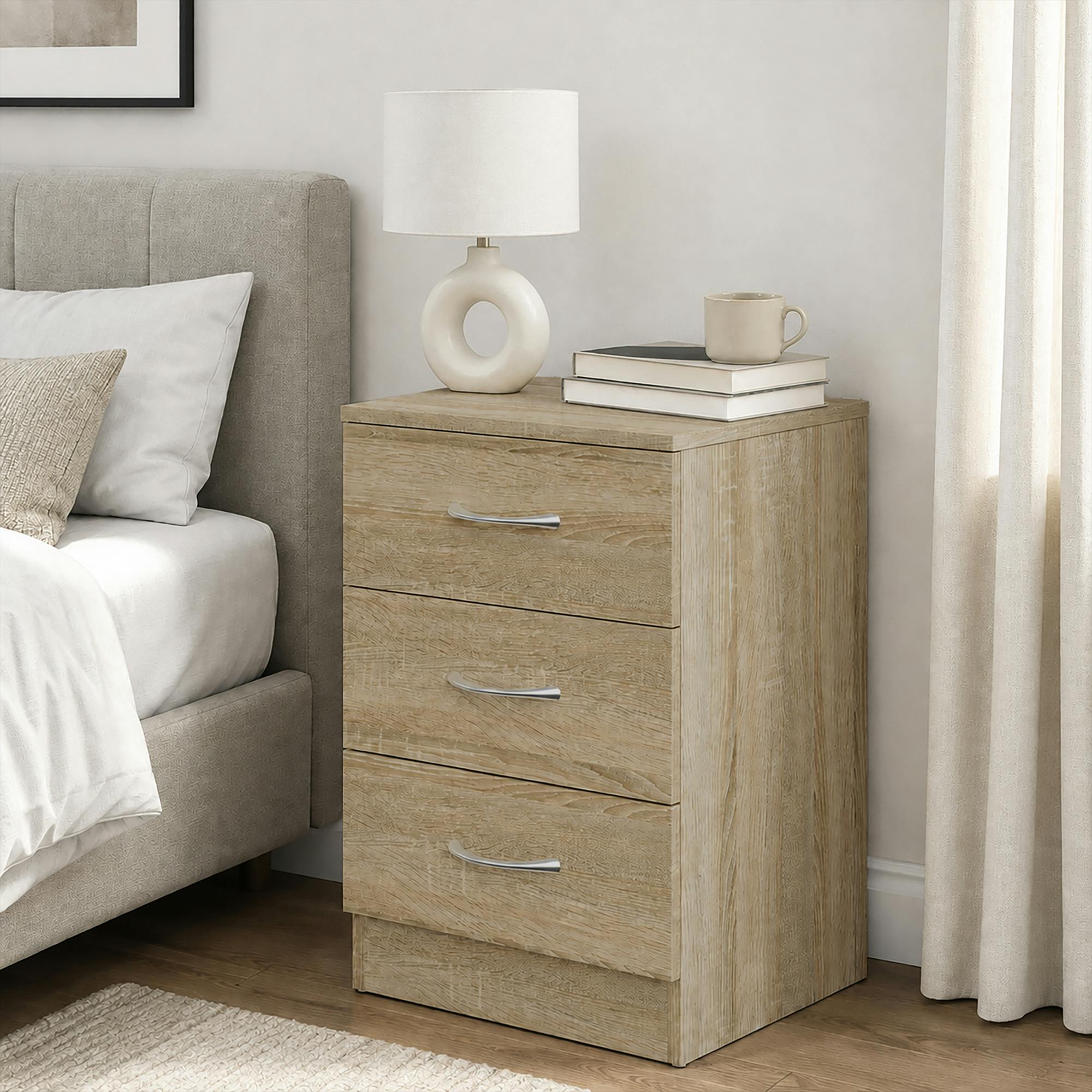 Homcom Unisex Light Oak Modern 3 Drawers Side Table, Bedside Table With Wood Effect, Oak In - Image 4