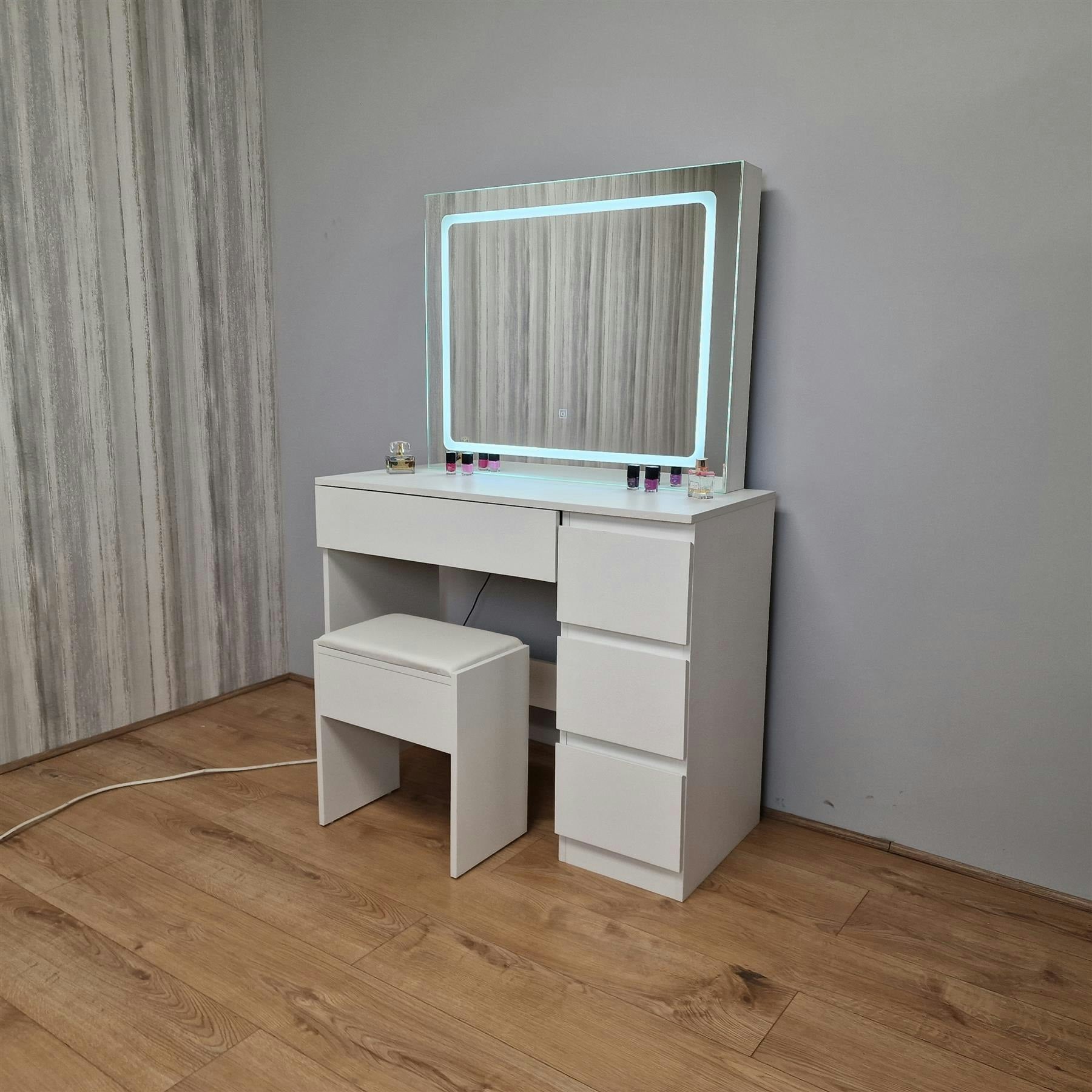 Kosy Koala White Pine Wood Dressing Table with Mirror and Stool - LED Hollywood Lights - Image 8
