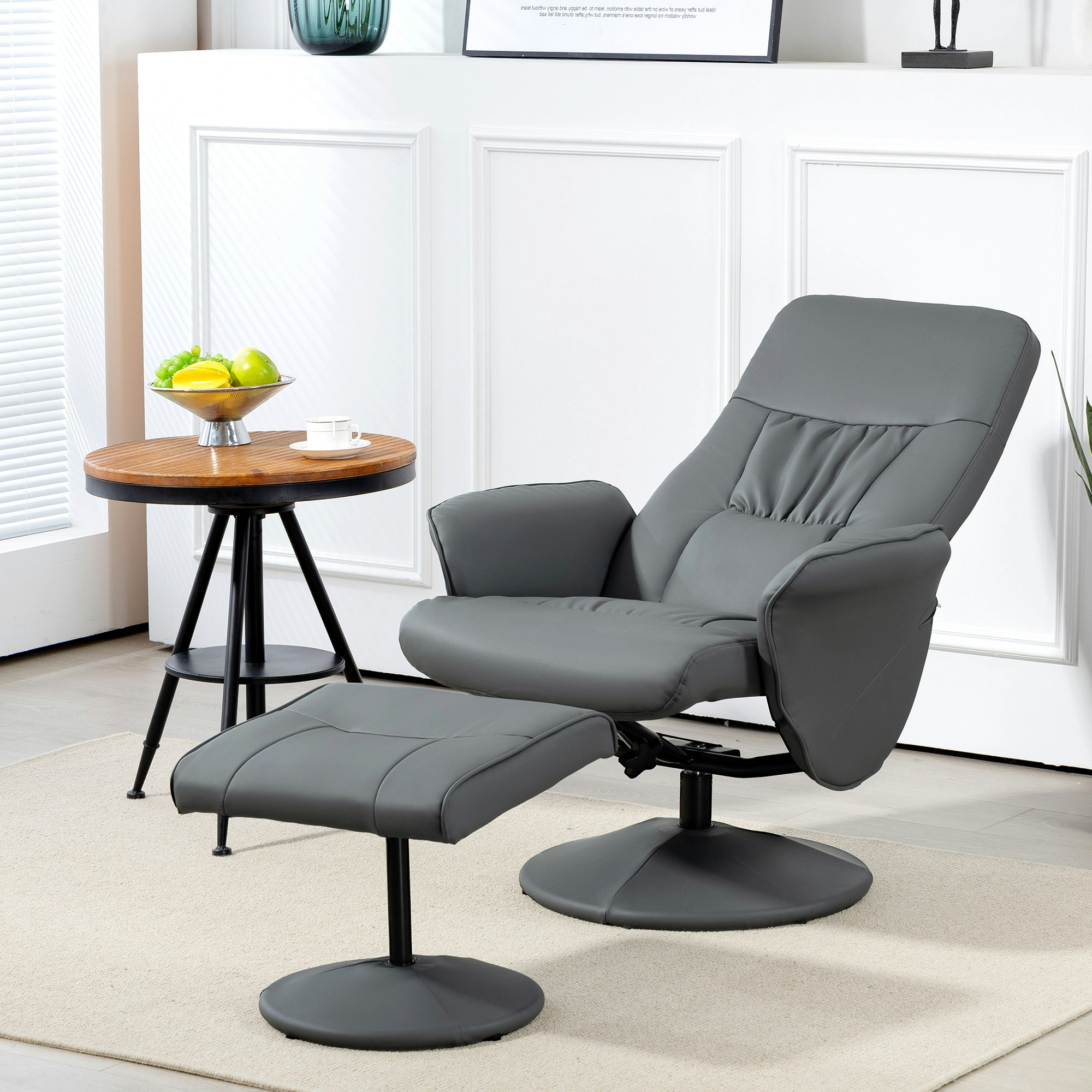 Rackhams Grey Pu Leather Armchair And Footrest Swivel Recliner - Pu, Sponge, Metal