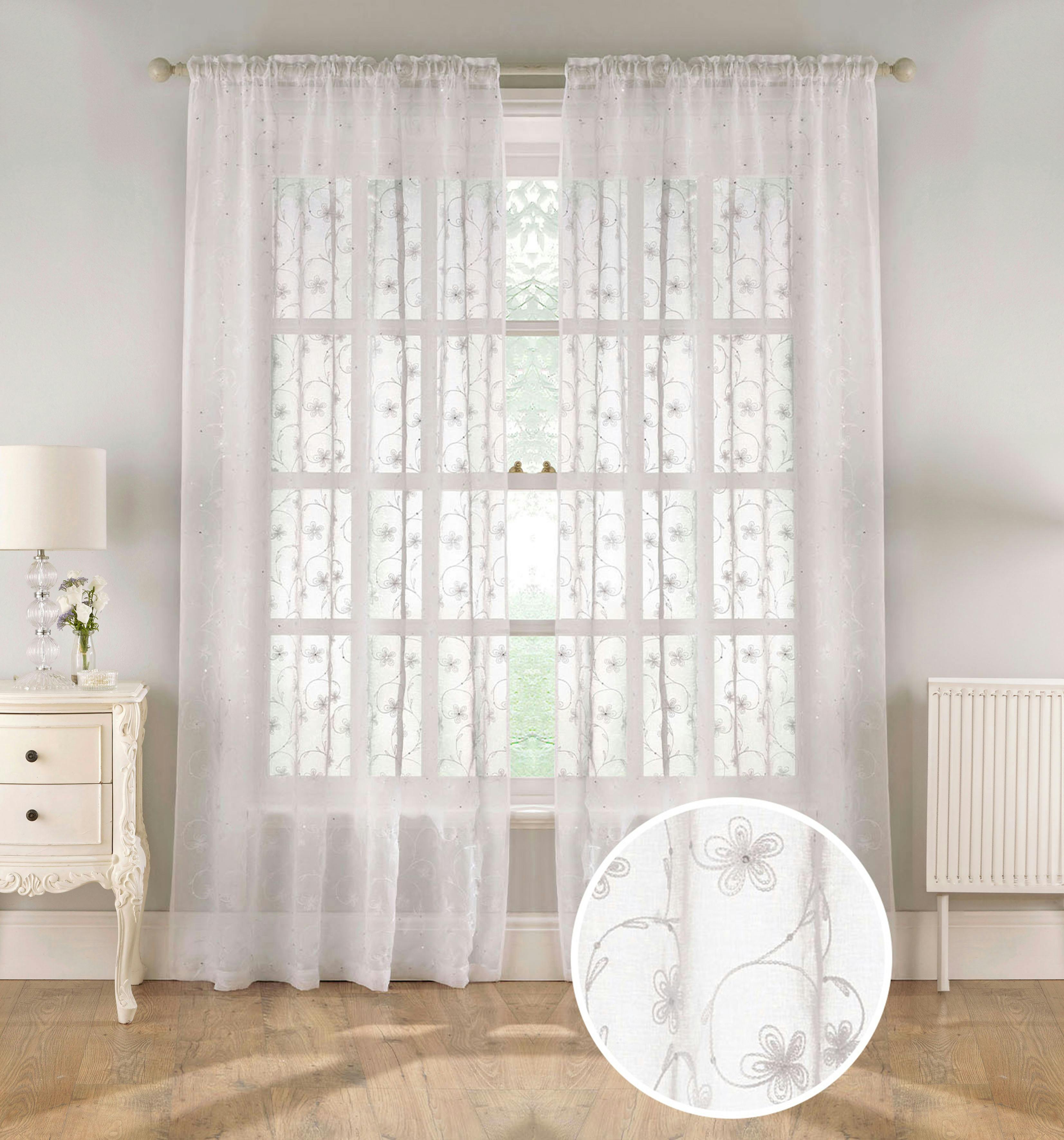 Rackhams White Embroidered Voile Panel With Floral Pattern On Linen-Look Fabric - Pair - 55" (140Cm) Width X 90" (229Cm) Drop