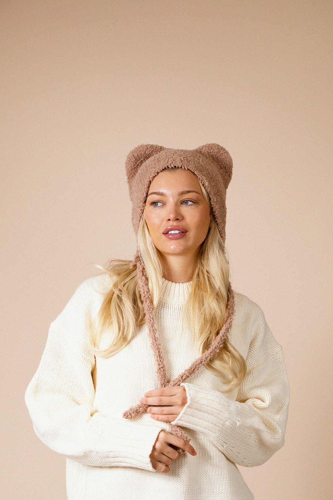 Svnx Beige Beanie With Bear Ears In - One Size
