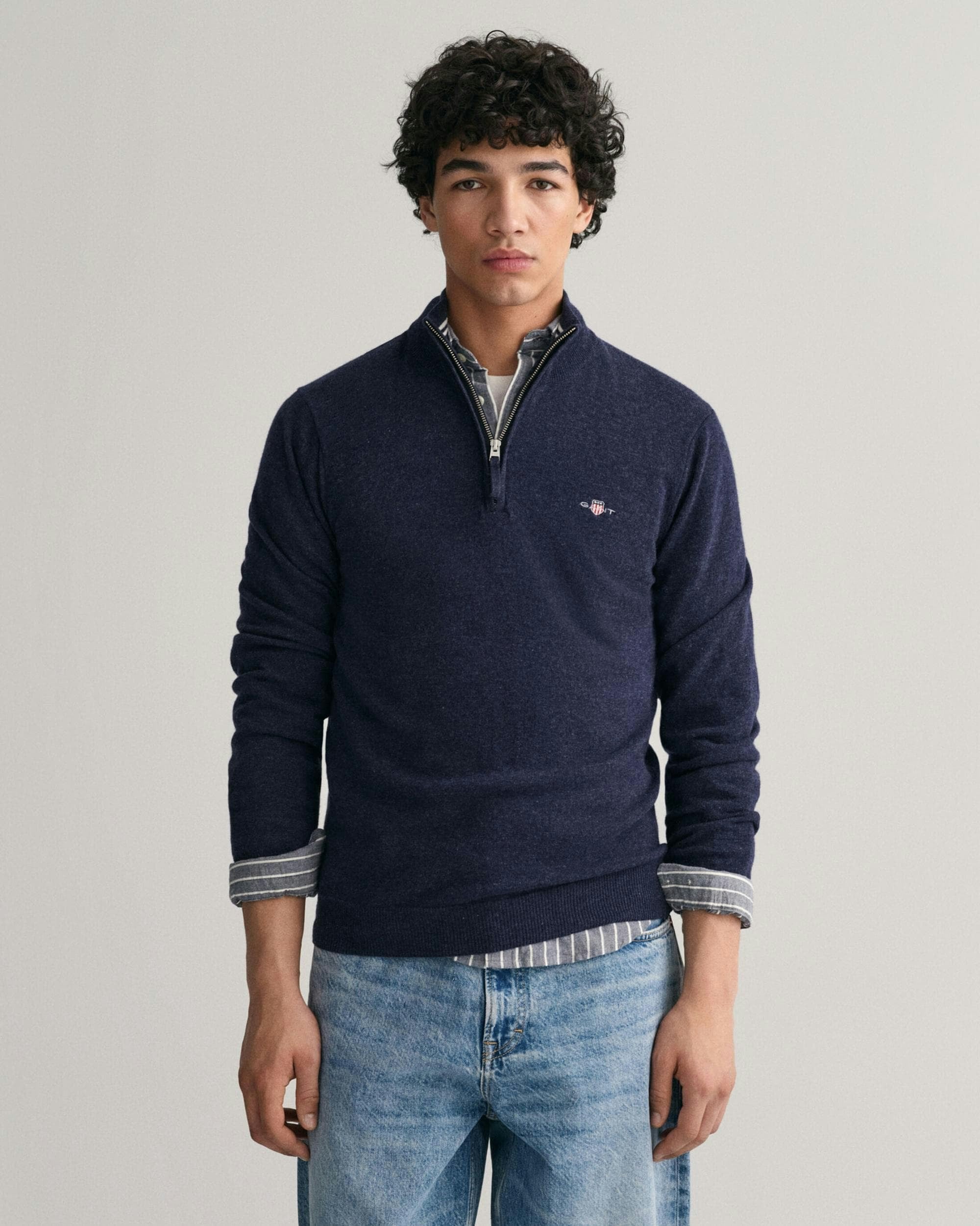 Gant Men's Dark Superfine Lambswool Half Zip Cardigan - 480 Navy Melange - 480 Navy Melange - M