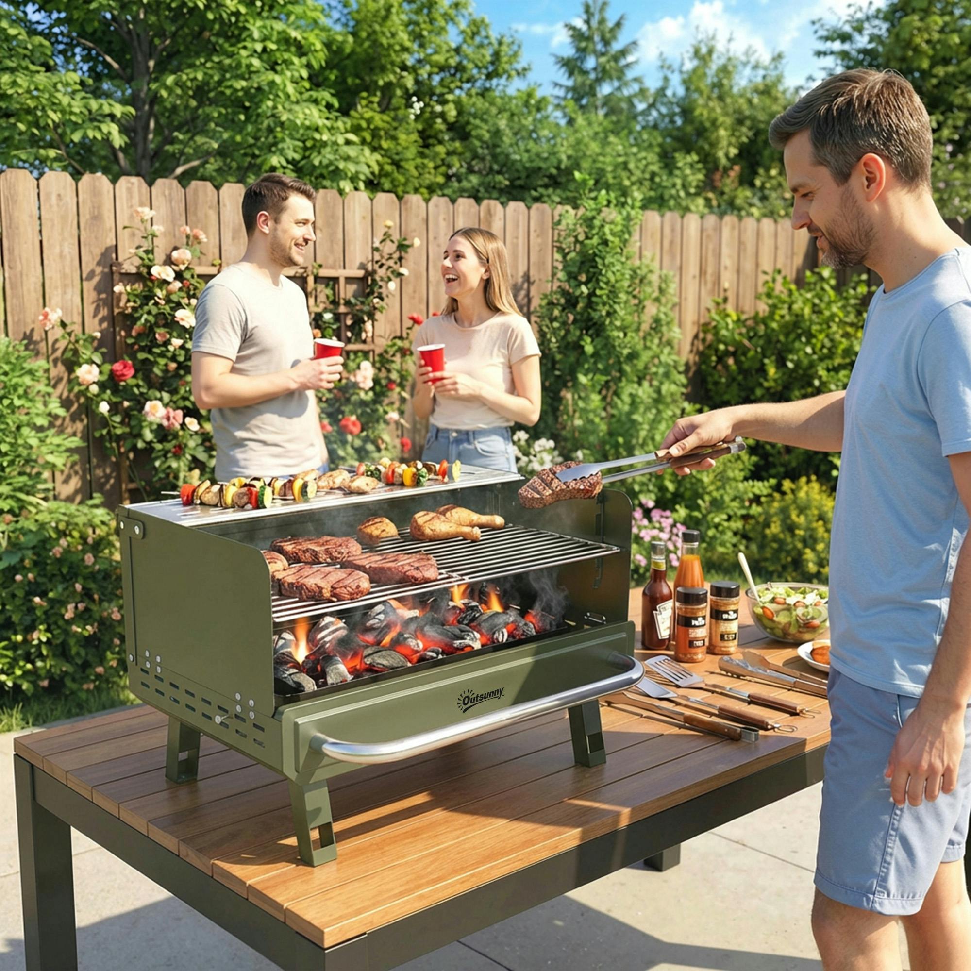 Rackhams Green Portable Barbecue Grill With Adjustable Grates For Camping