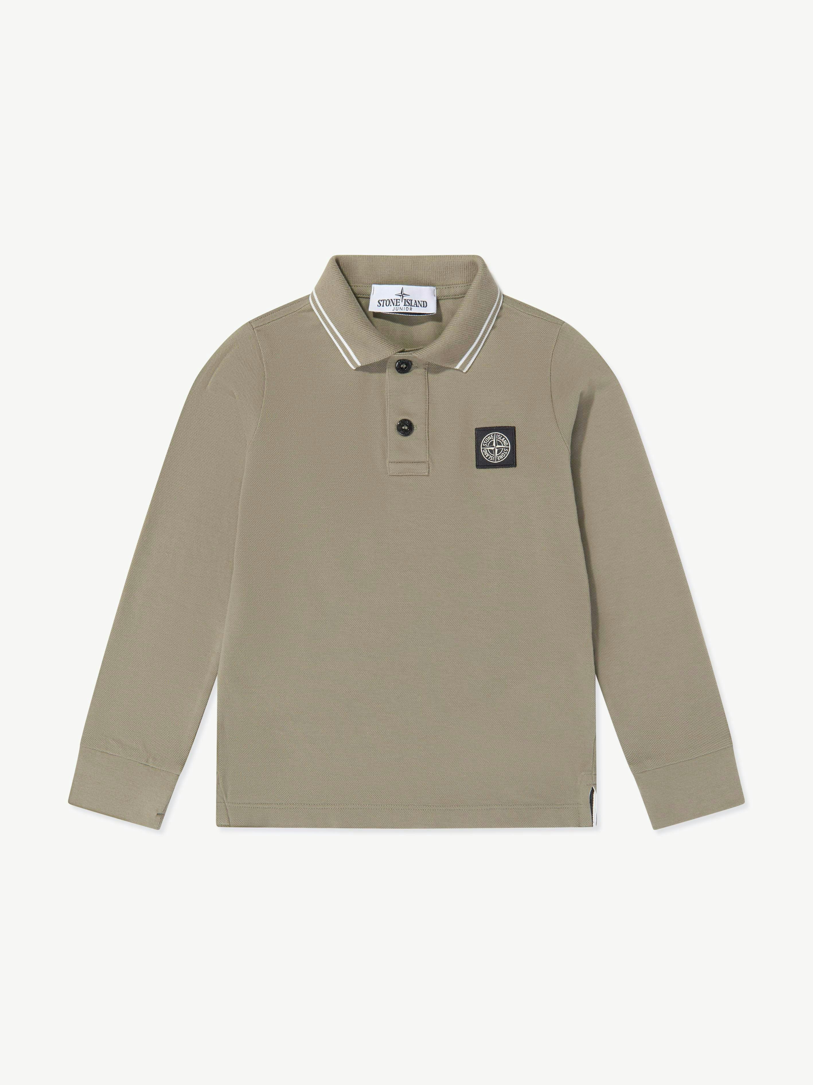 Stone Island Junior Boys Green Stone Island Organic Cotton Long Sleeve Polo Shirt In - 10 Yrs
