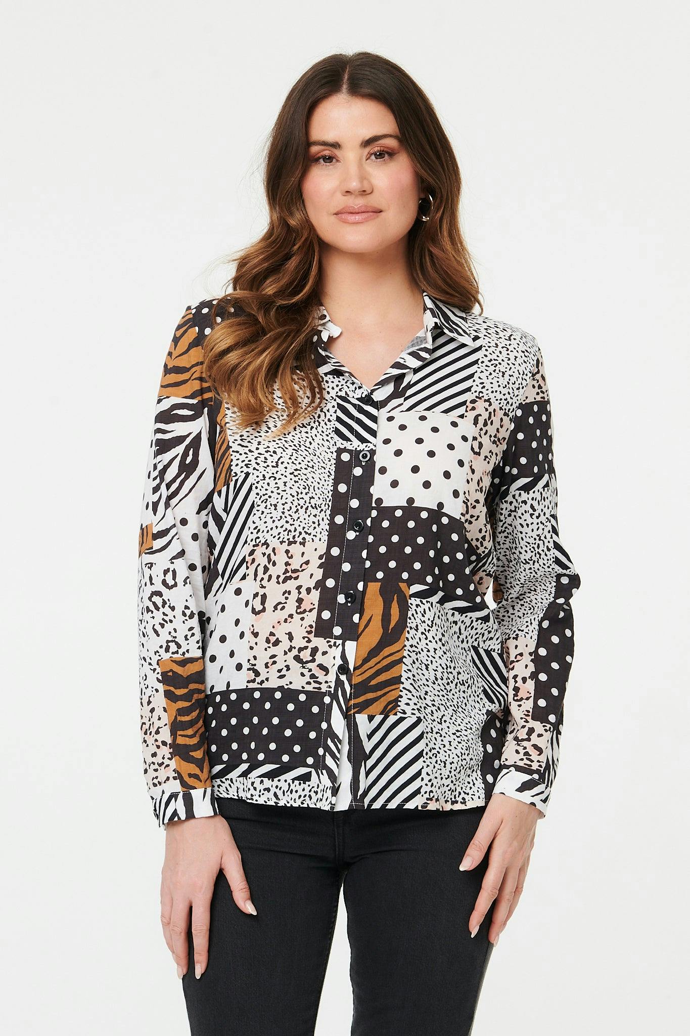 Izabel London Black Patchwork Long Sleeve Relaxed Shirt - 18