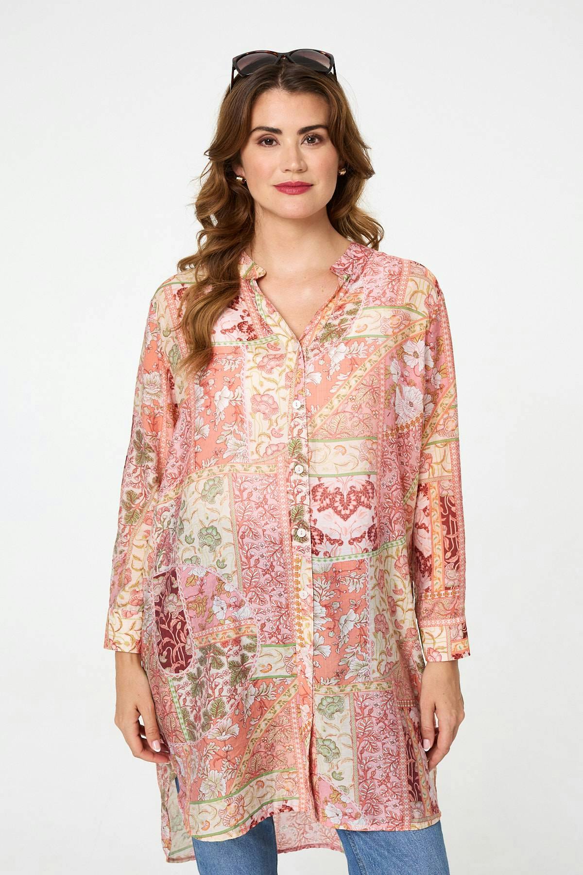 Izabel London Pink Printed Long Sleeve Longline Shirt - 8