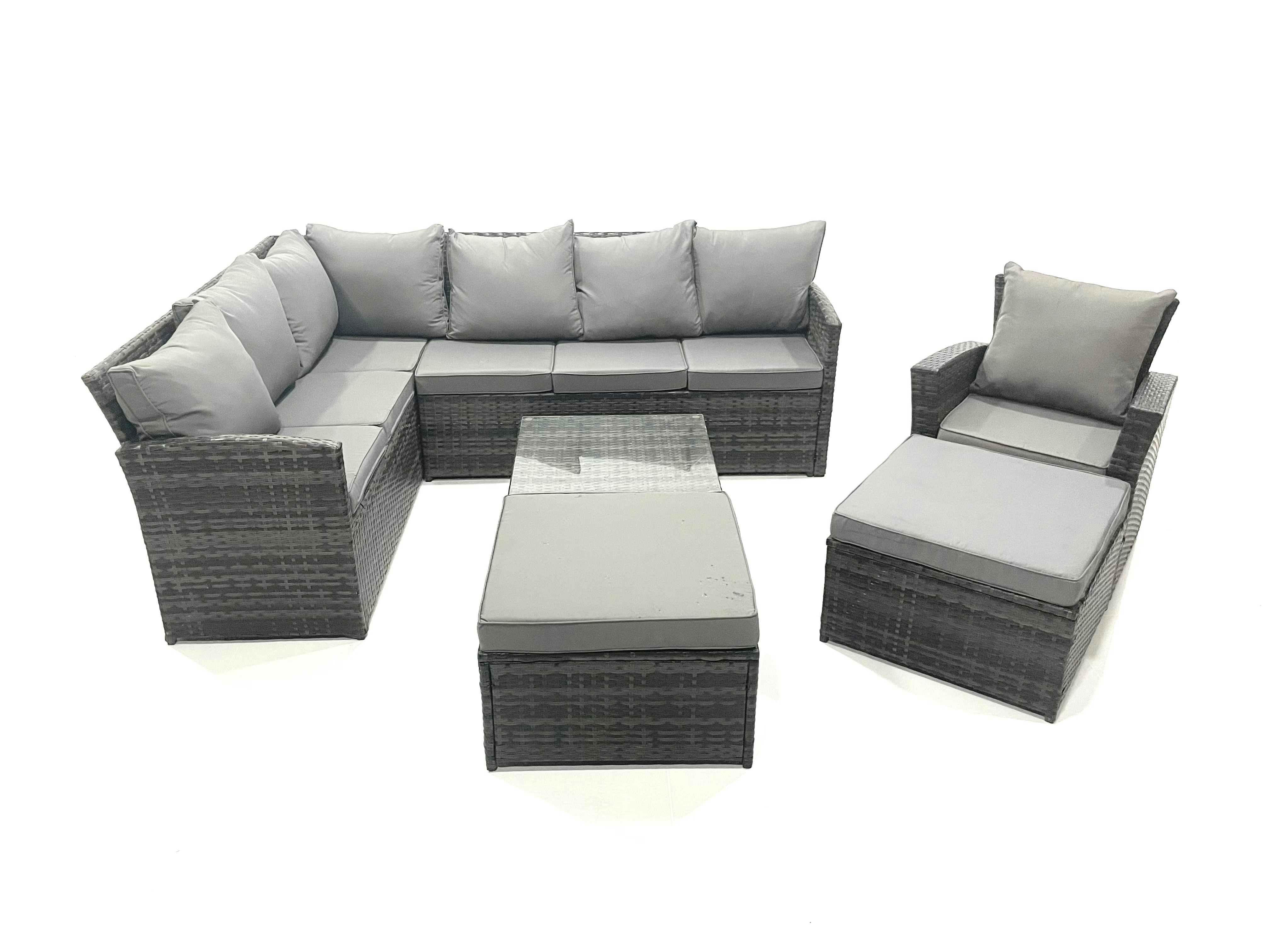 Fimous Dark/Grey 9 Seater Outdoor Garden Furniture Set Wicker Pe Rattan Corner Sofa Set With Square Coffee Table 2 Big Footstool Mixed