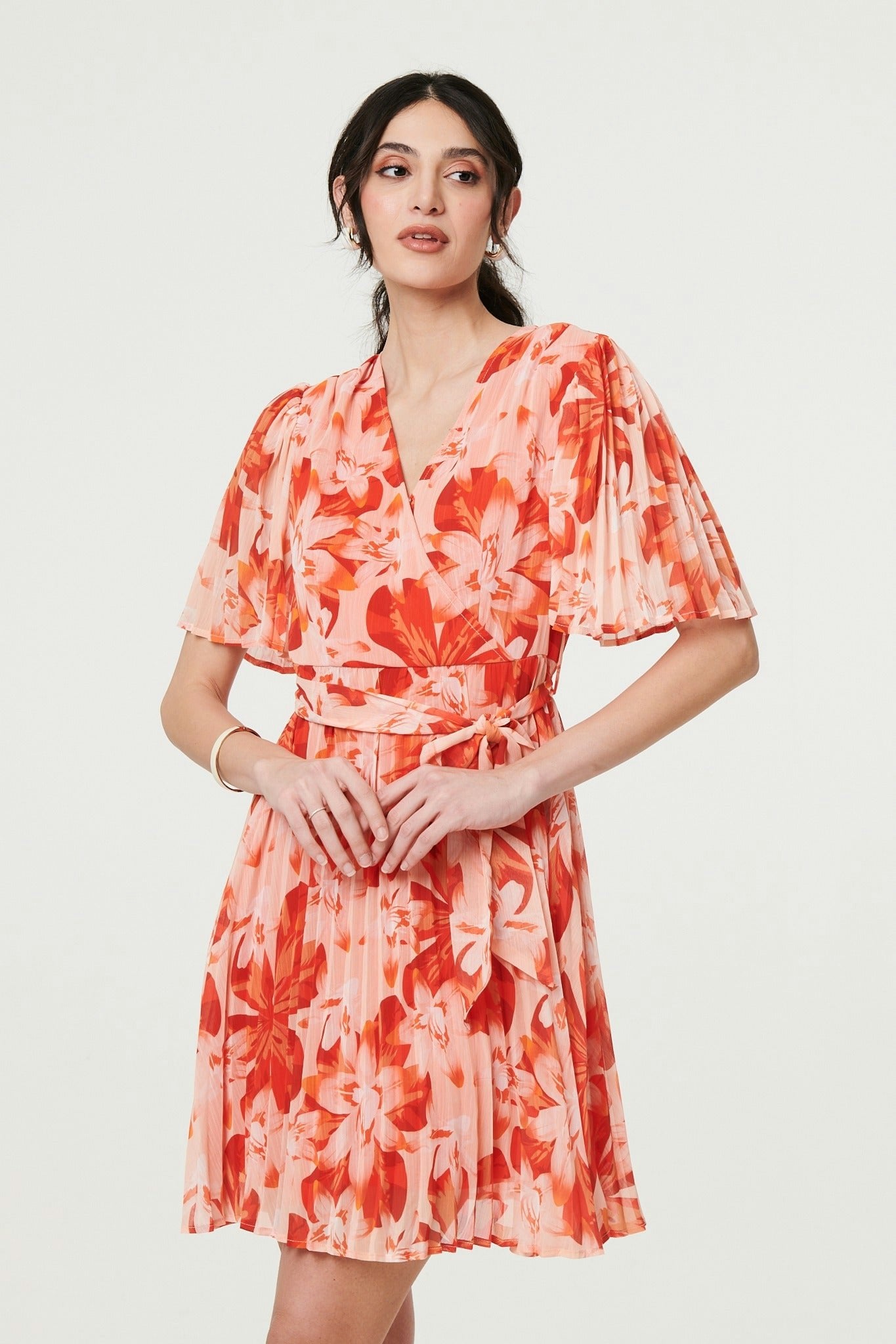 Izabel London Orange Floral Pleated Angel Sleeve Mini Dress - 12