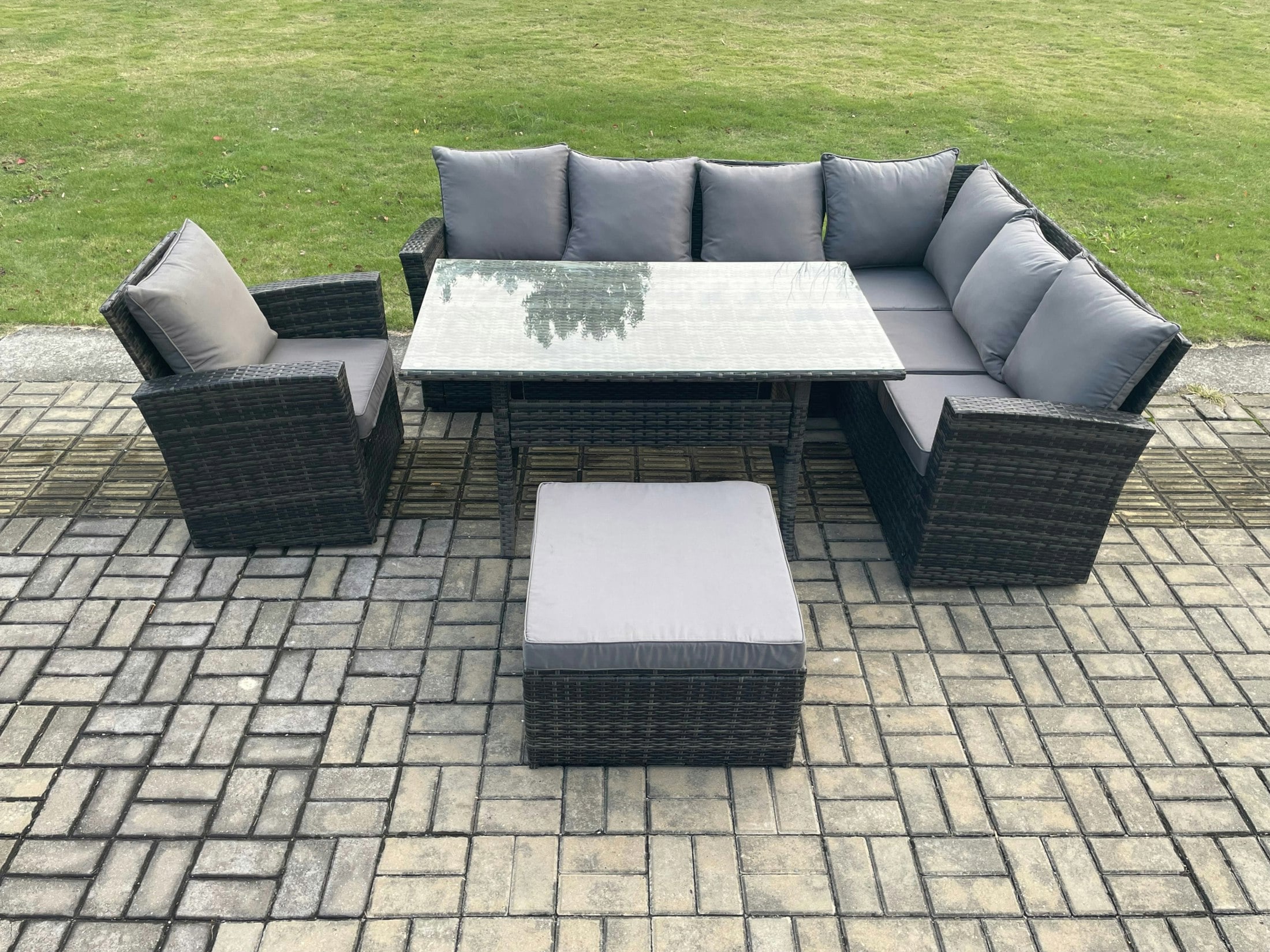 Rackhams Dark/Grey 8 Seater Garden Rattan Furniture Corner Sofa Dining Table Chair Set With Big Footstool Indoor Outdoor Lounge Sofa Set