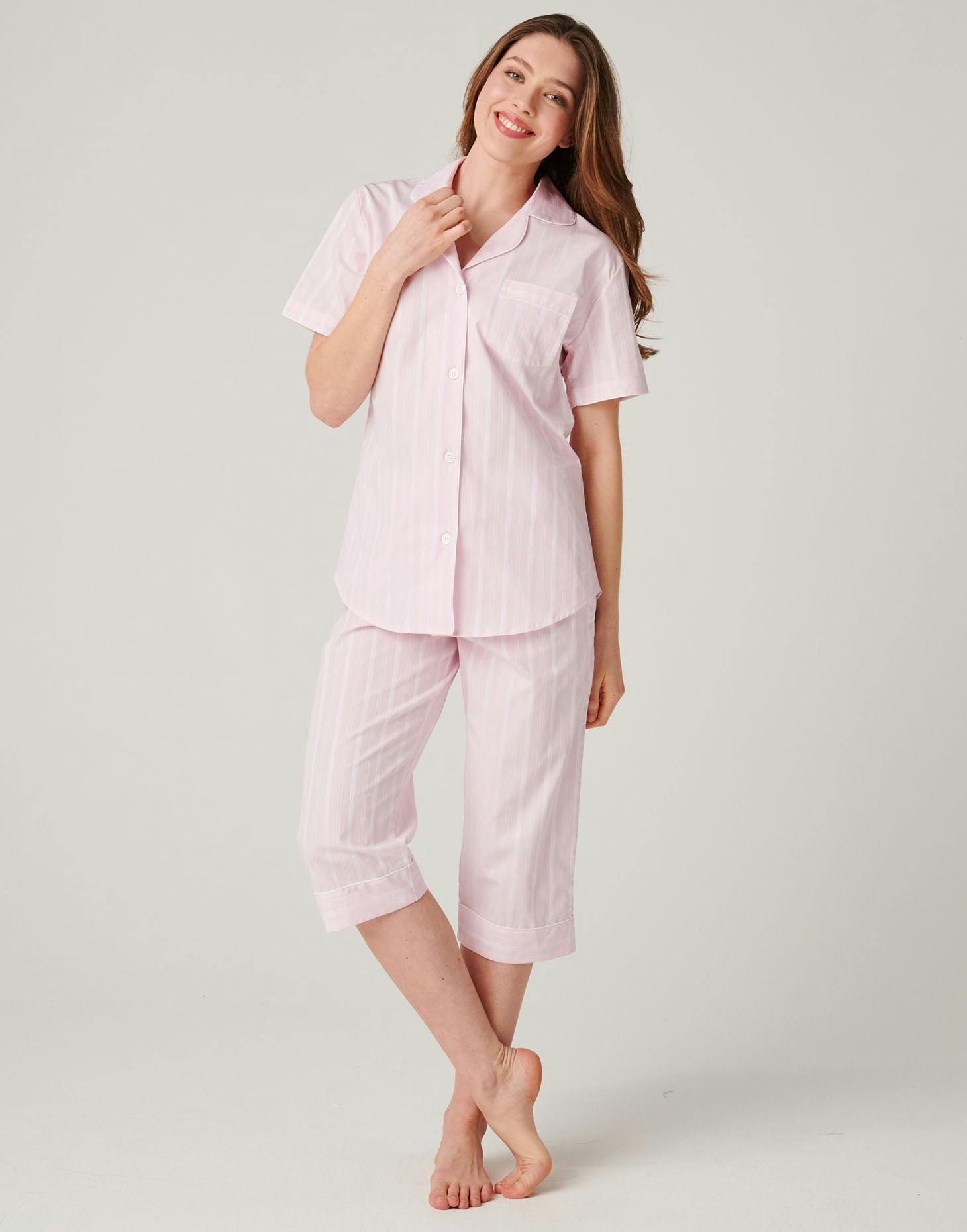 British Boxers Women's Pink Cotton 3/4 Length Pyjama Set – Shell Satin Stripe - Medium