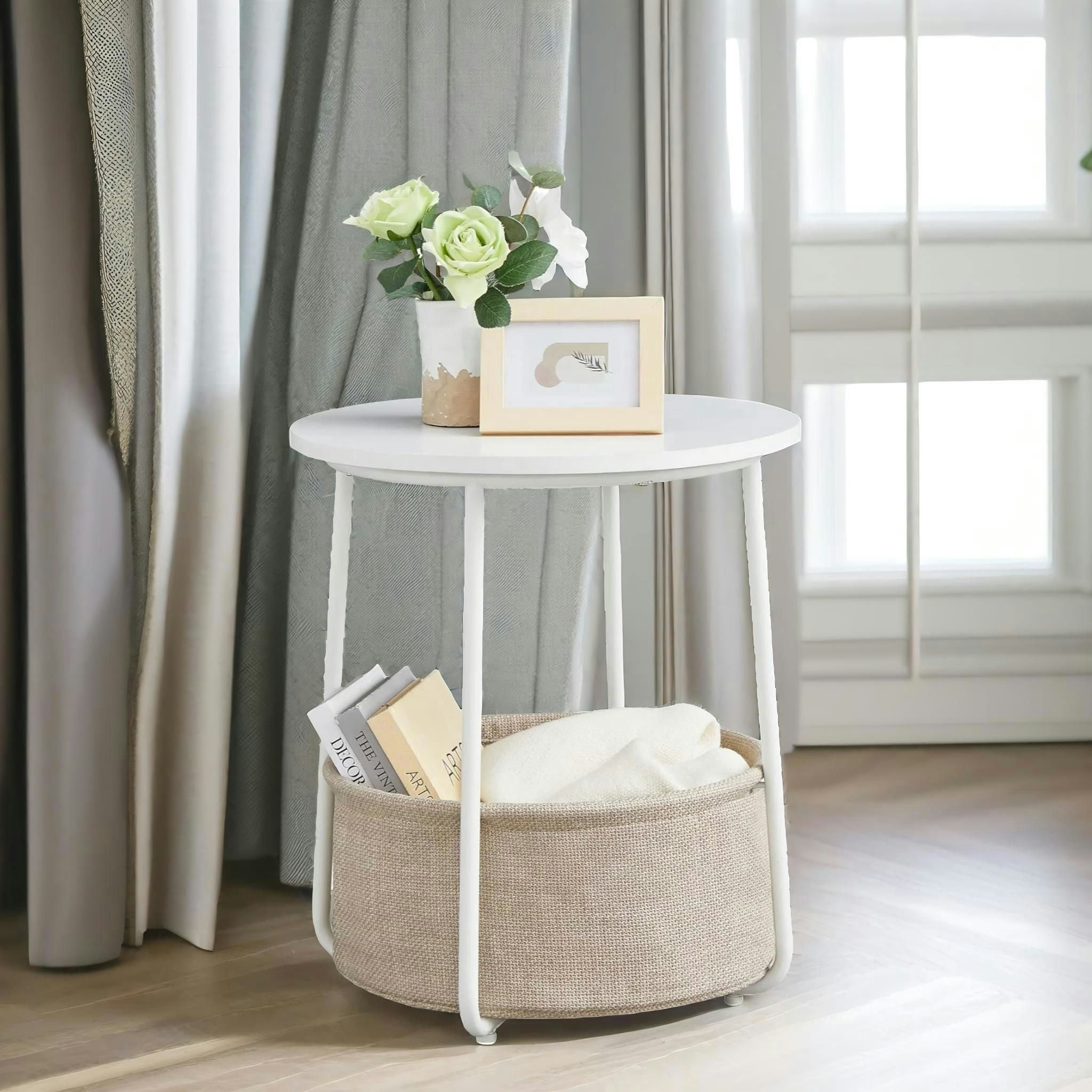 Rafaelo Mobilia Beige Side Table With Removable And Washable Storage Basket