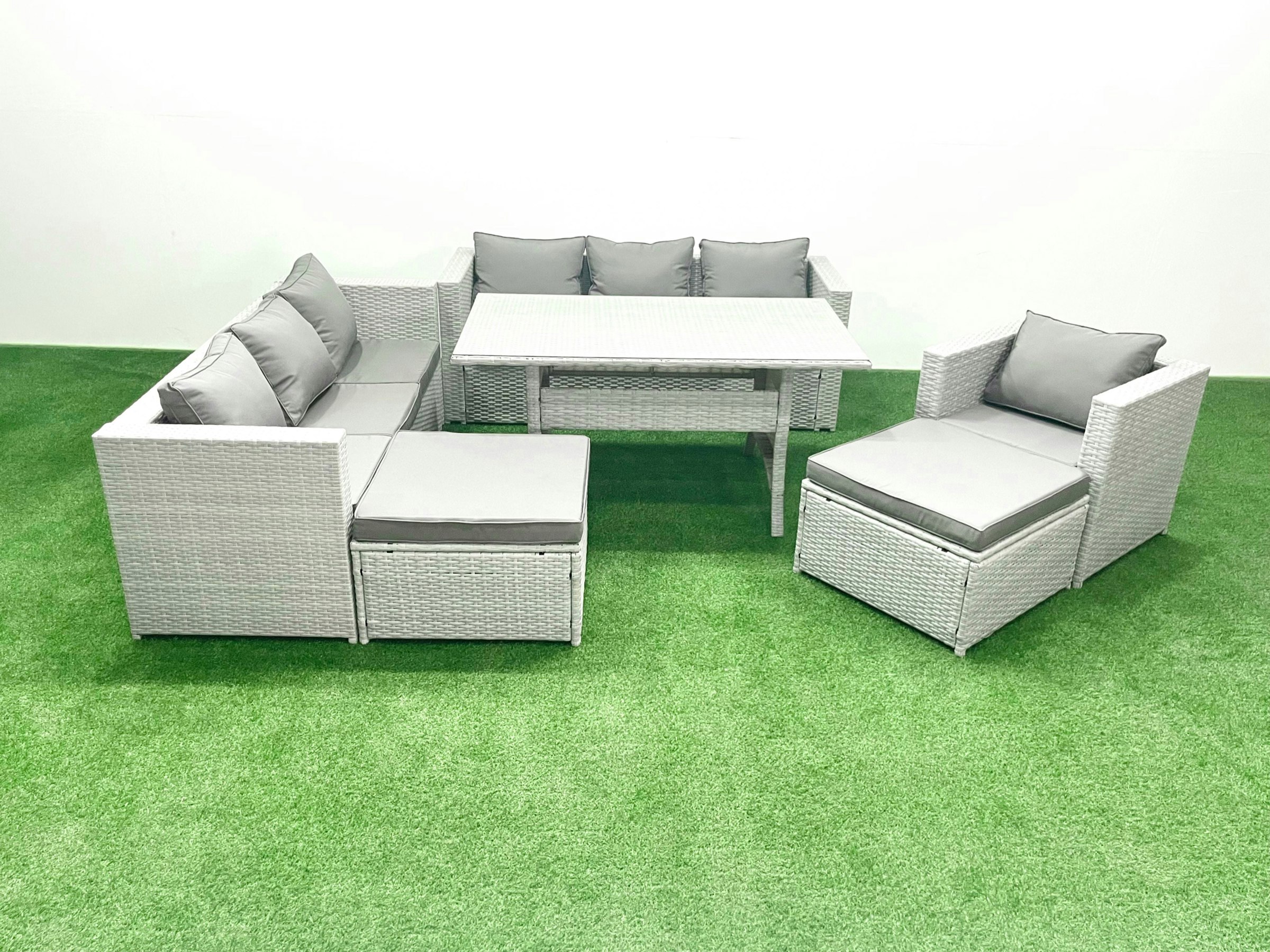 Fimous Light/Grey/Dark 7 Pieces Outdoor Rattan Sofa Set With Cushions Patio Garden Furniture Sets With Armchair Dining Table 2 Big Footstools