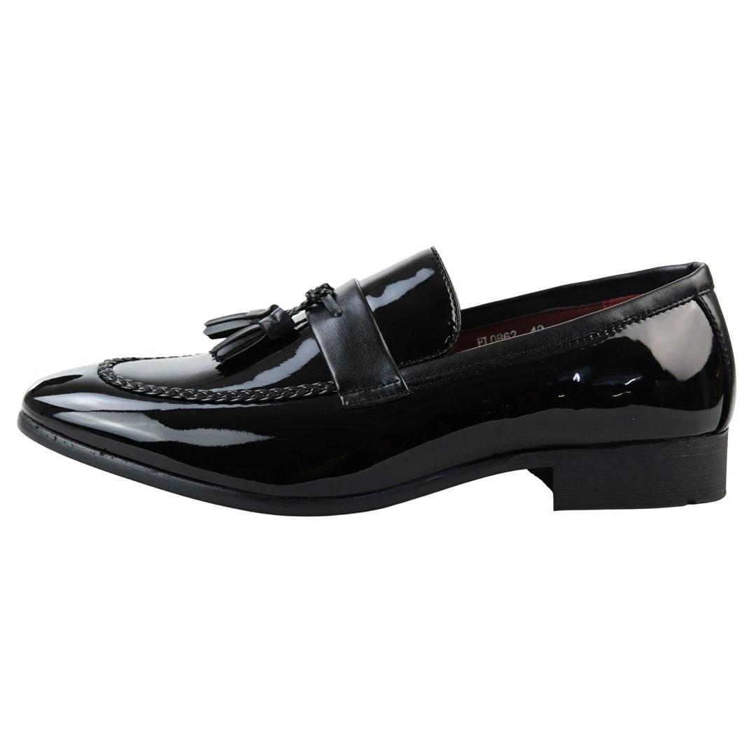 Elong Men's Black Patent Tassel Slip On Loafers - Uk 6