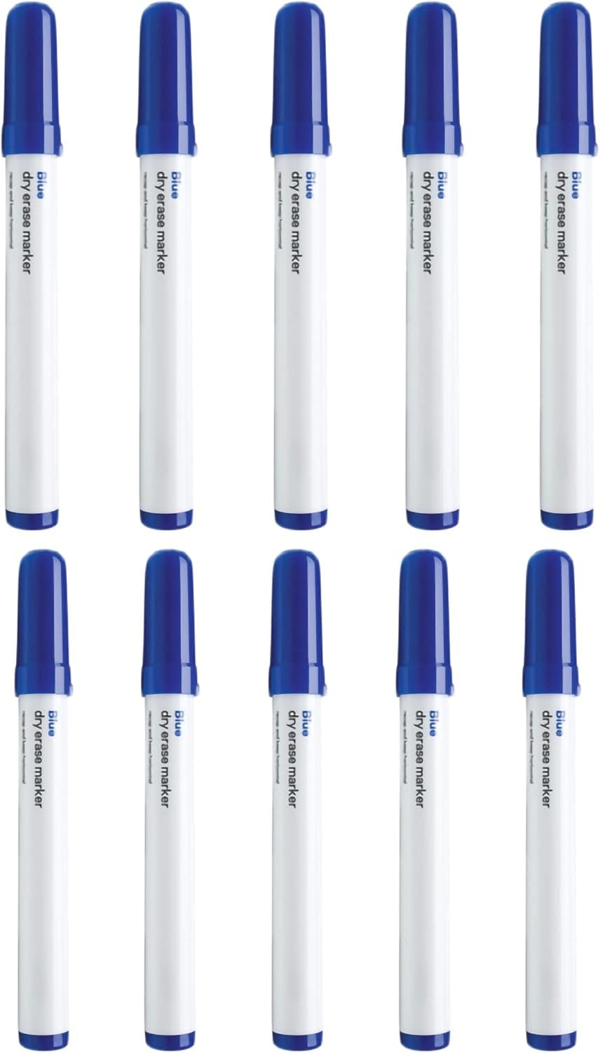 Kav Blue Marker Pens For Office, Schools & Home - Non-Toxic Ink - All-In-One Design With Dry Wipe Eraser - Stylish Markers For Whiteboards, Notice Boards - Pack Of 10
