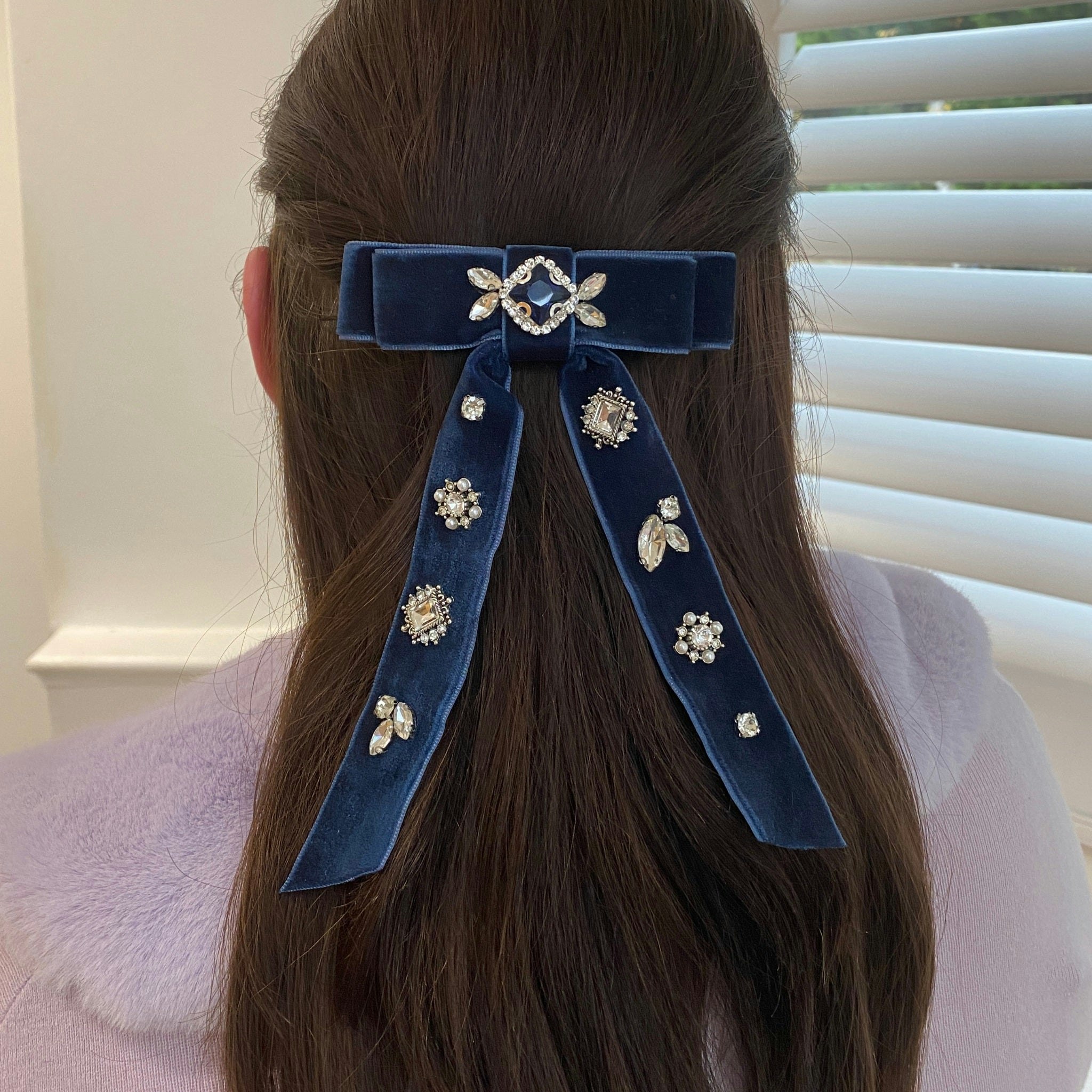 Queenmee Accessories Blue Velvet Bow Hair Clip With Jewels